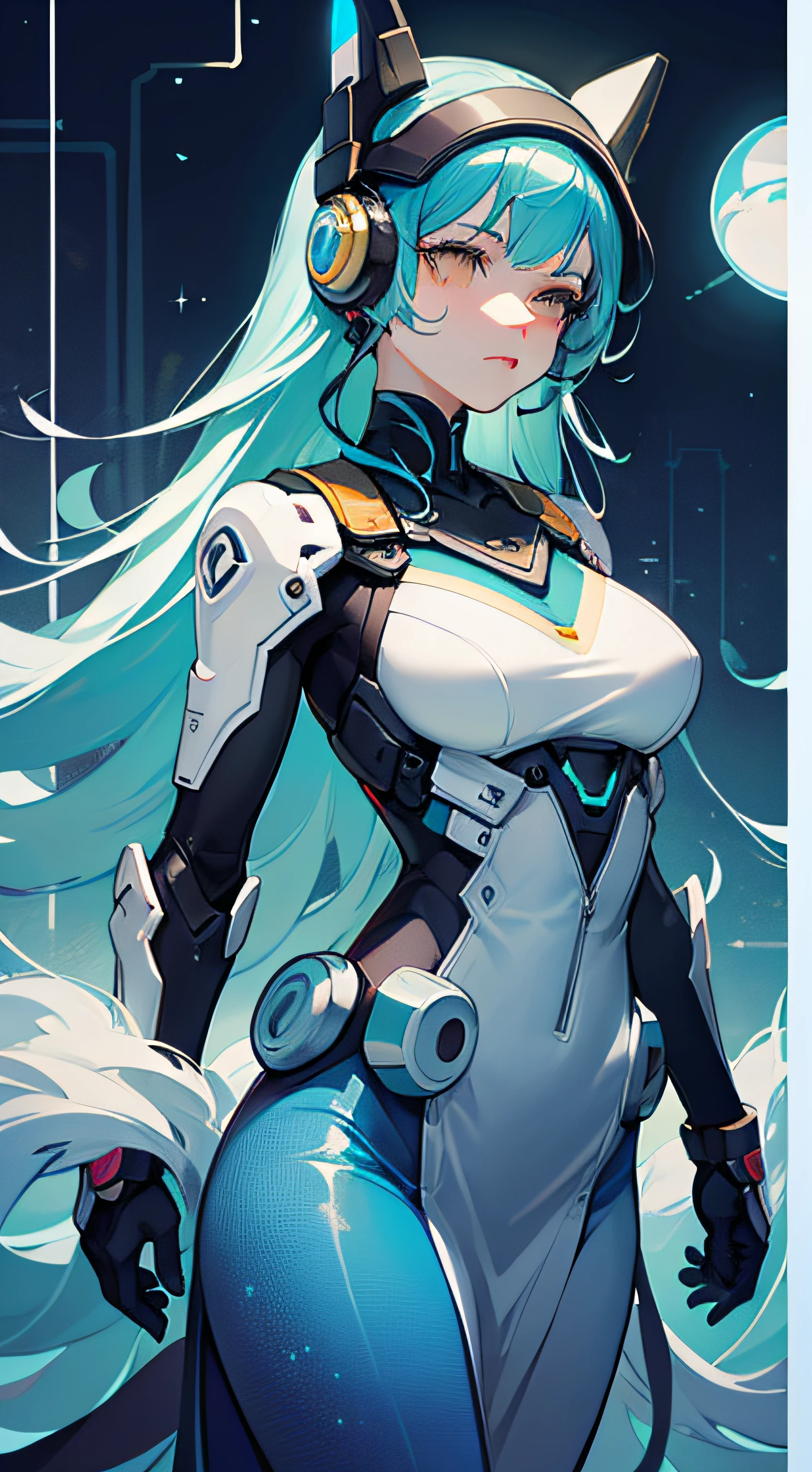 （（tmasterpiece））， （（ultra - detailed））， （（best qualtiy））， 美丽细致的眼睛， Detailed face， The best lighting， The best shades， 1 rapariga，独奏， （（cyber punk style， edge lit， machine arm，Hologram aura，Surreal Science Fiction Art，Future Science Fiction Aesthetics，Flat 2D style））， （（The main colors are blue and green））， Huge light bulb， （Girl inside the screen：1.5），Mobile Paradise，Orange bulb，A world made up of mobile phones，Gamepad，VR glasses，Virtual screen， freckle， Cold nose， （（（Buble）））， illustration，japanese inspired， （highly  detailed）， Whirlpool effect，Pale yellow long dress，voluminous hair，sideface，Three-quarters of the side of the face，Side close-up，Overwatch，Side girl，sci-fy，Half sideways，Not all tests，There is texture，Tech Style，Future wind，Be creative，The best pose，Excellent standing posture，Don't mess around