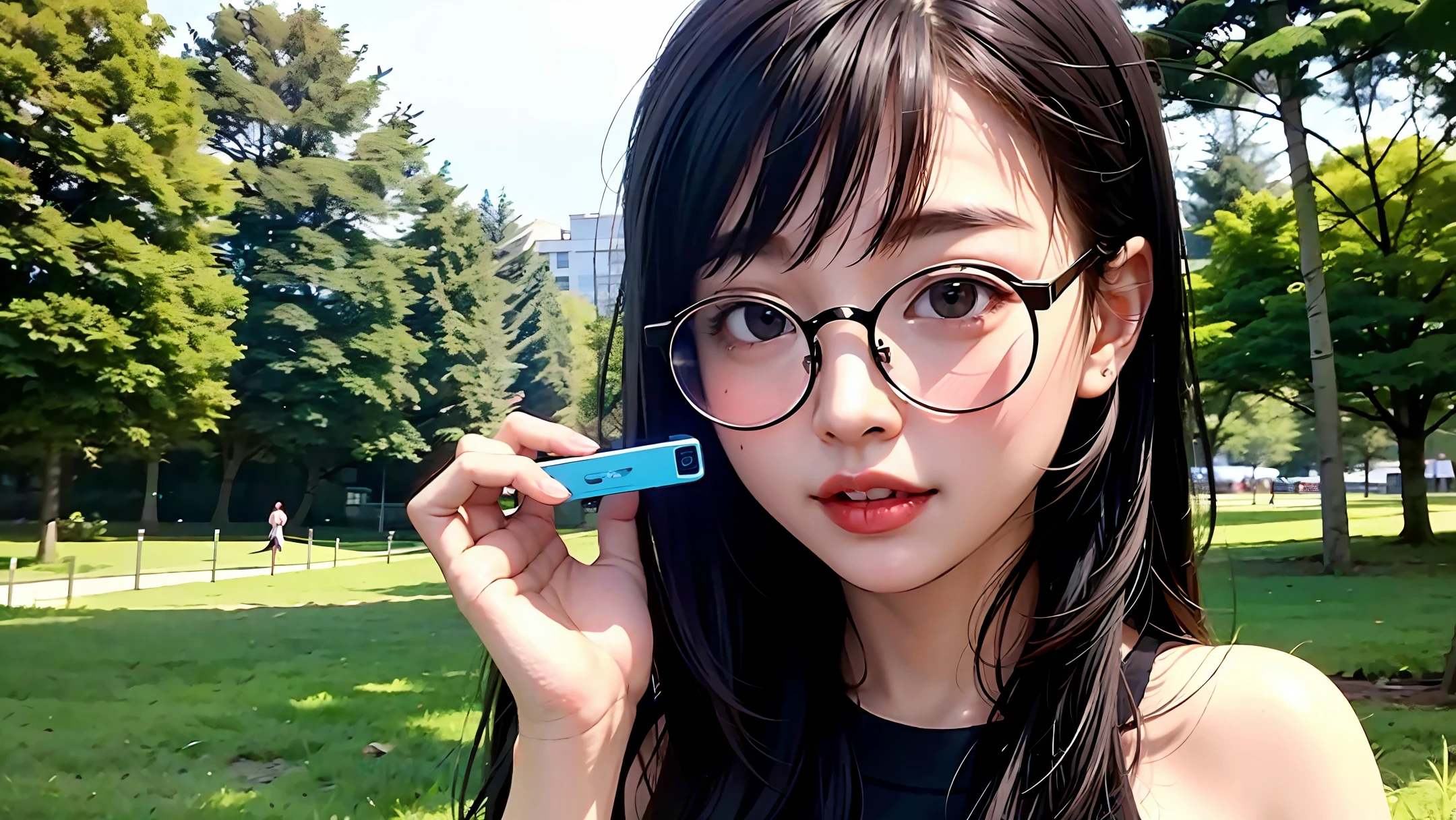 There is a woman with glasses posing for a photo in the park, wearing glasses, 8k selfie, square frame glasses, wearing small round frame glasses, wearing thin large round frame glasses, chinese girl, wearing glasses, portrait photo avatar, cute, park, tre...