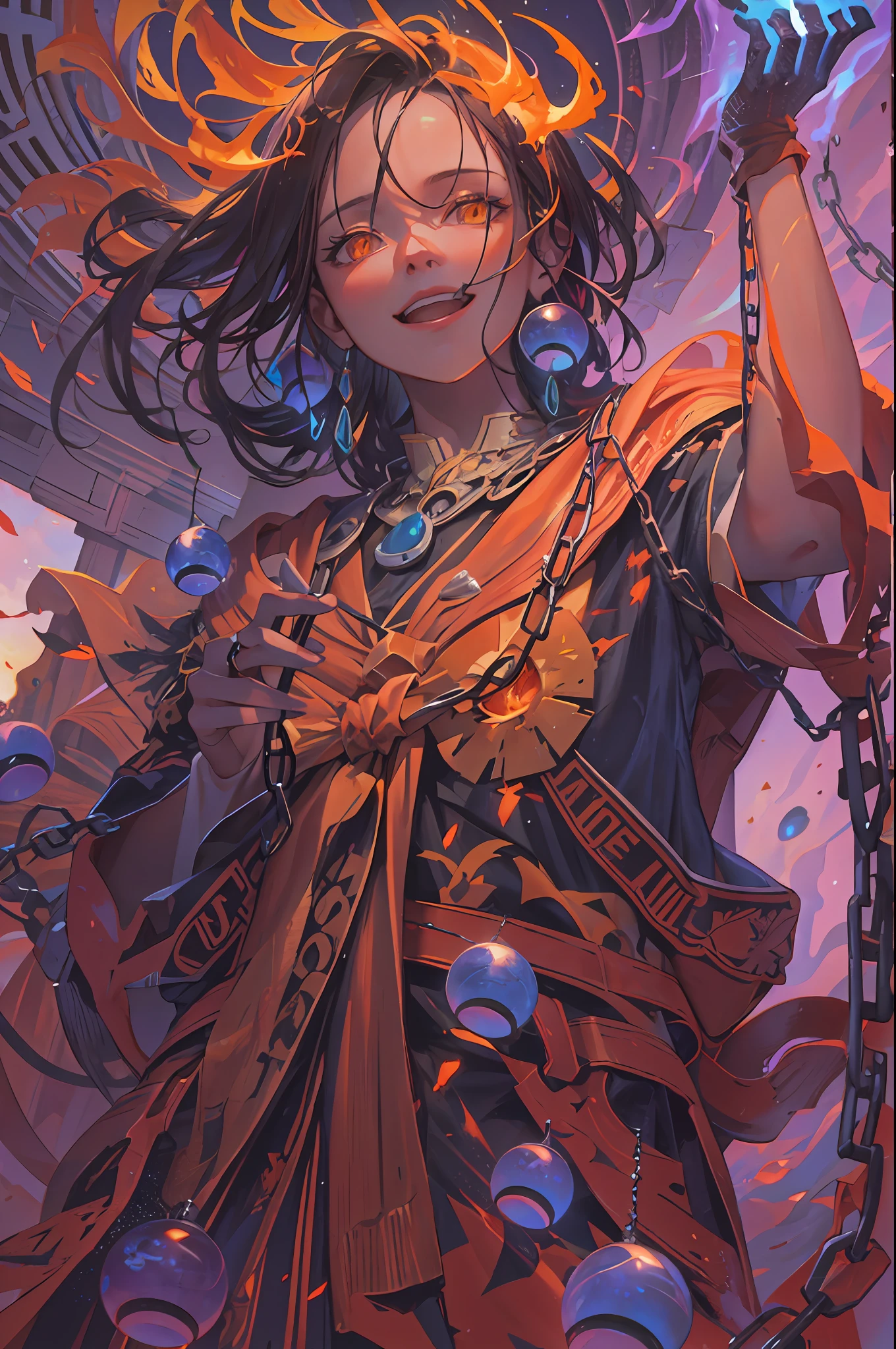 a beautiful demonic sorceress conjuring fire,standing and looking at viewers, various burning chains around her,(((detailed perfect face))),light smile, beautiful face, seductive body,tall body, mature body, BREAK burning aura, fire balls, orange and yellow spark dazzling around, small blue phoenix flying in the background, lava on the ground, magma, sexy body BREAK,Detailed,Realistic,4k highly detailed digital art,octane render, bioluminescent, BREAK 8K resolution concept art, realism,by Mappa studios,masterpiece,best quality,official art,illustration,ligne claire,(cool_color),perfect composition,absurdres, fantasy,focused,rule of thirds,