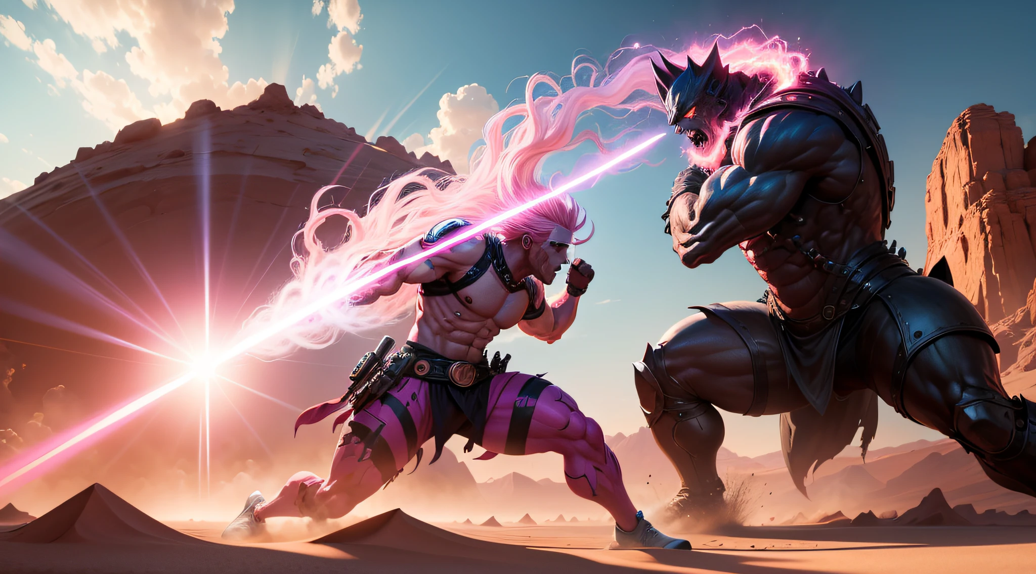 Costa's pink haired man unleashing a power and fighting a gigante non human monster made of shadows and rays in a desert setting, hyper color hyper detailed 8k