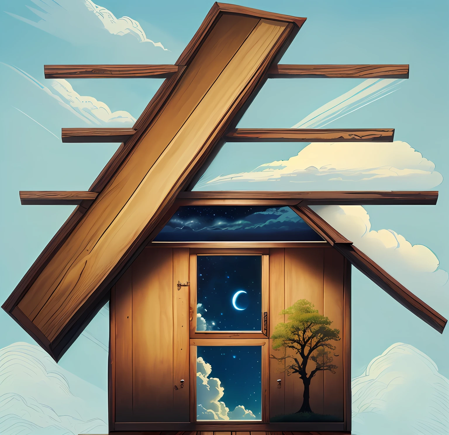 A very lovely house,A text made up of wood,There is a lot of stuff on it,Trees in the background,There are clouds and sky above