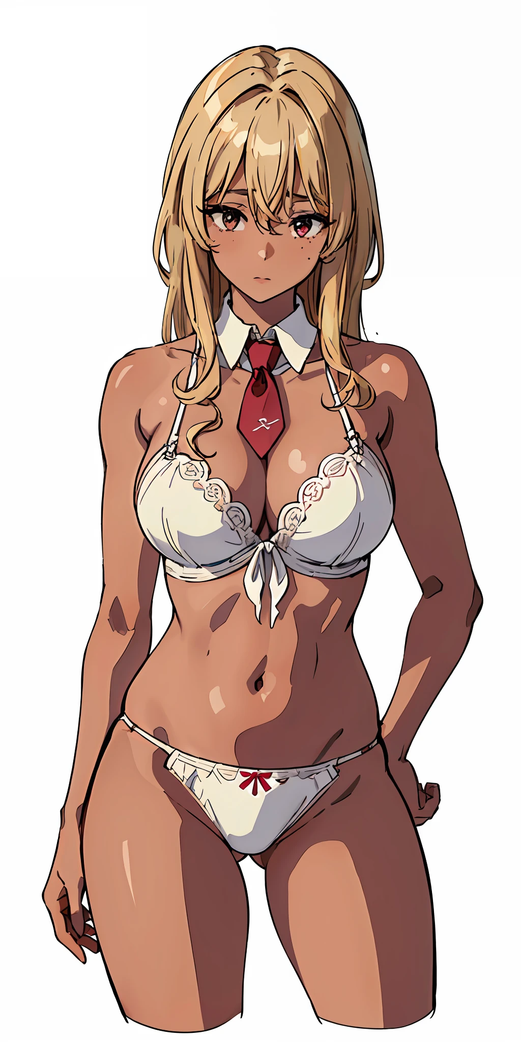 (((top-quality、masterpiece)))、1girl in、A stunning、(((Shyness)))、a blond、barechested、A sexy、Luxury Lingerie、(((Brown skin tone)))、sun burn、Mole、(((Colossal tits)))、large full breasts、Sheer areol、Pink underwear is visible、Show underwear、neck tie、I can see my chest a little