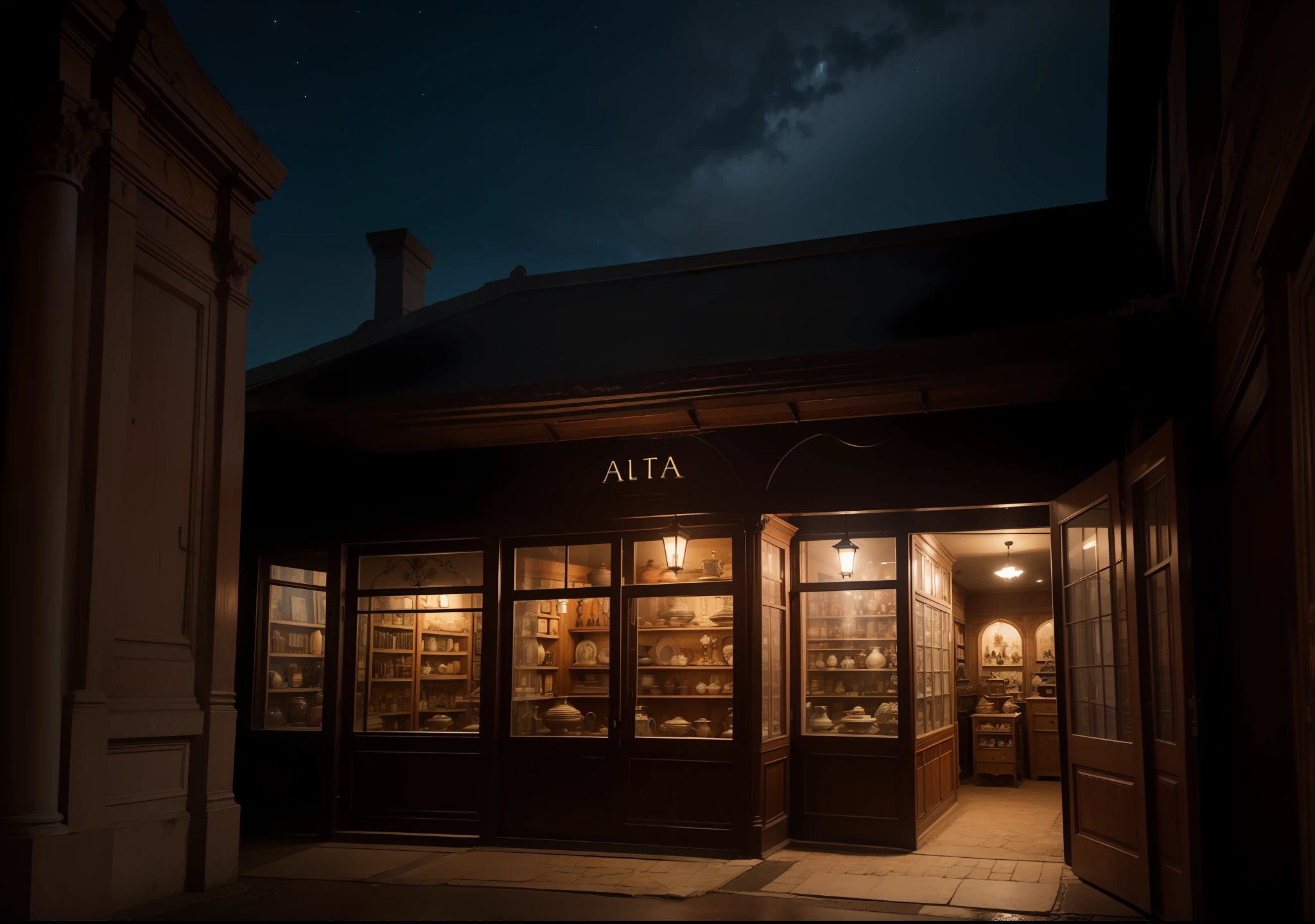 Front of an antique shop, noite escura, dark, Surrealism, 8k, maximum detailed, alta qualidade
