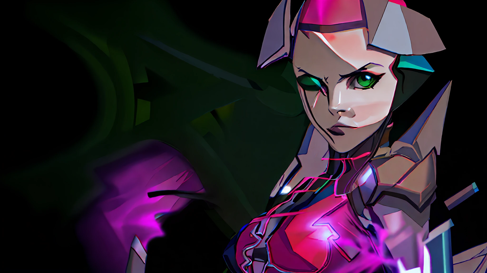 personagem de anime com olhos verdes brilhantes e uma roupa rosa, menina em mecha cyber armor, armadura rosa simplificada, fuchsia skin beneath the armor, sharp silver armor fuchsia skin, Armadura rosa lisa, Eco de Overwatch, cyberpunk menina anime mech, menina comerciante ciborgue, Closeup da arte do personagem, Pele Fuschia, clothed in cyber armour, sigma female, female mecha