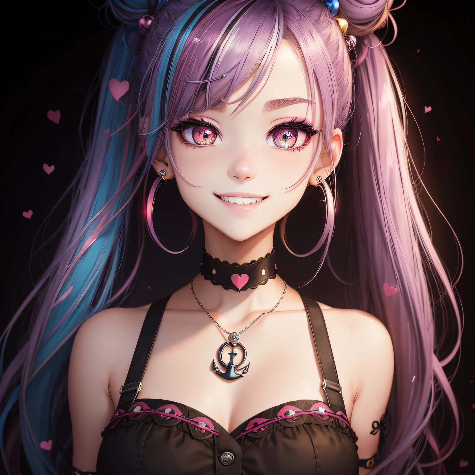 multicolored hair, double bun, hairpin, hair bobbles, anchor choker, heart-shaped pupils, mismatched pupils, multicolored eyes, star-shaped pupils, color contact lenses, earrings, smile, grin, upper teeth, bright pupils, seductive smile, modern, Realism, chiaroscuro, ray tracing, depth of field, 8k, super detail, ccurate, best quality, masterpiece --auto