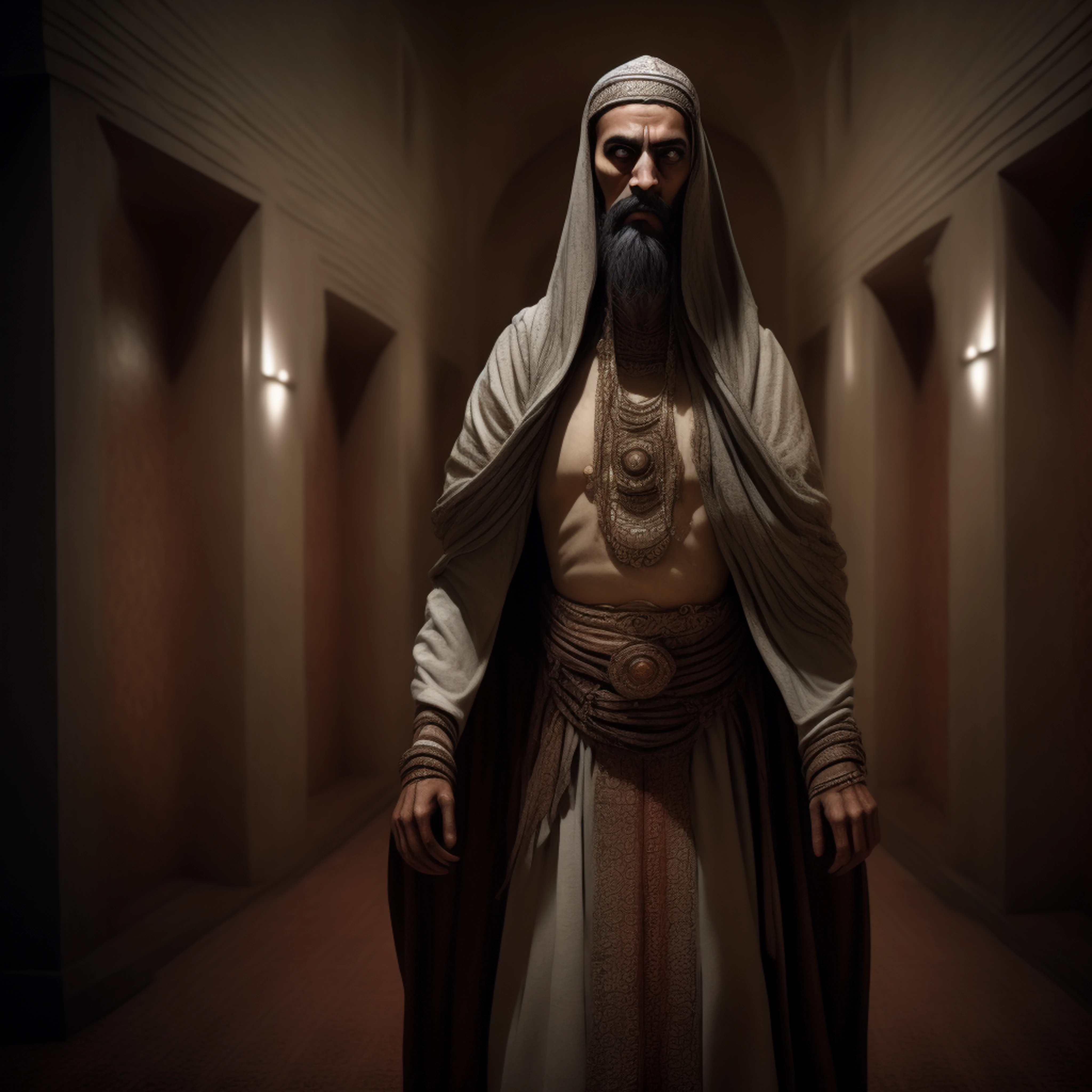 "Um rei majestoso, uma figura nobre:1.5, Islamic Museum:1.5, corpo inteiro, vista frontal, corpo altamente detalhado:1.5, um rei verdadeiro, fotografia ultra-realista, sorriso perverso:1.2,".
