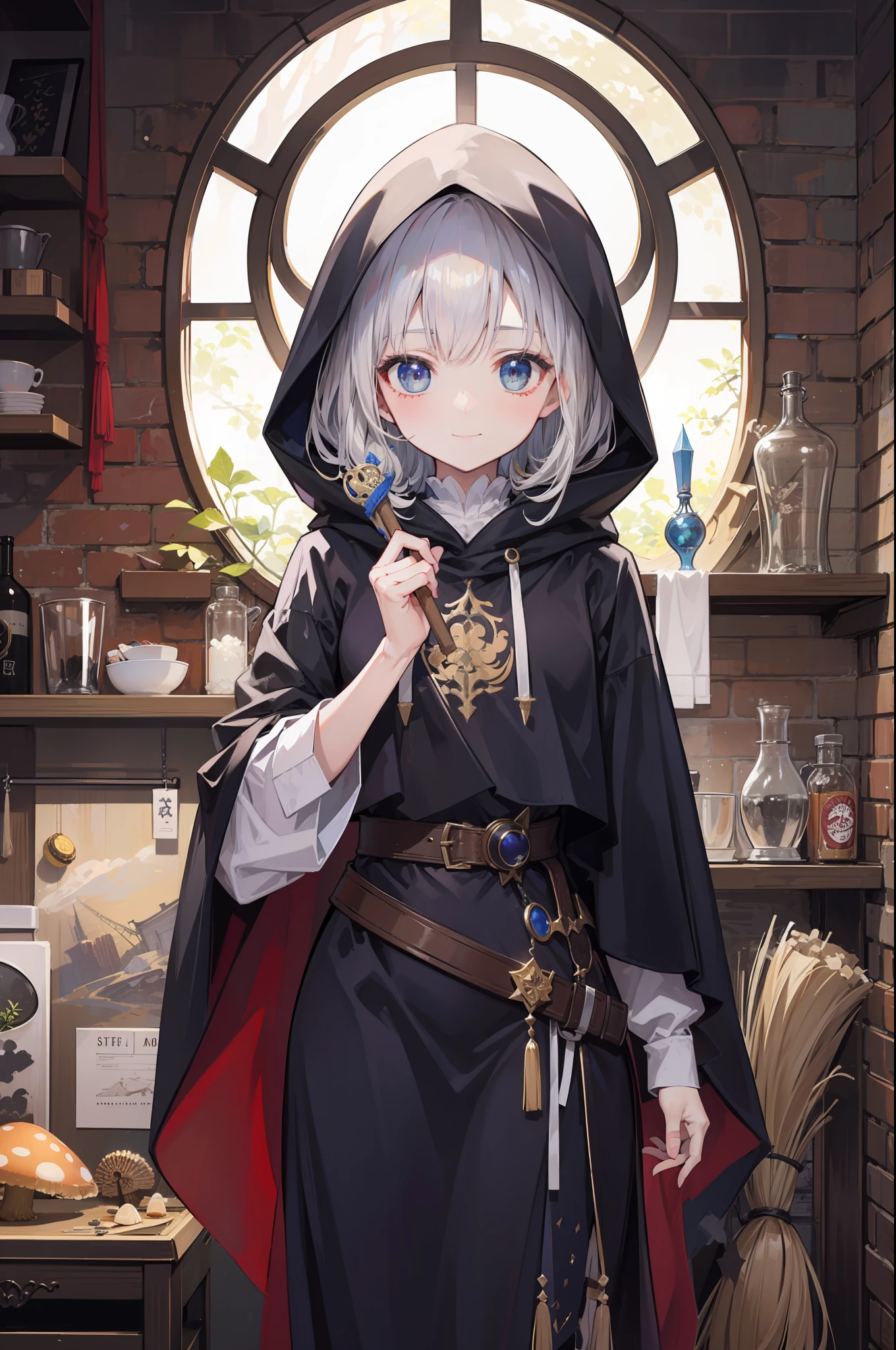 masterpiece, top-quality, One young wizard、cute little、magic wands、Magic broom、medicinal herbs、nutty、mushroom、Magic House、Magic Kitchen、hour glass、detailed and beautiful faces、beautidful eyes、seducting smile、majutsu、magical fantasy、in isekai、Cloak with dark hood、Hooded、FULL BODYSHOT、Dynamic angles、Magic costume、
