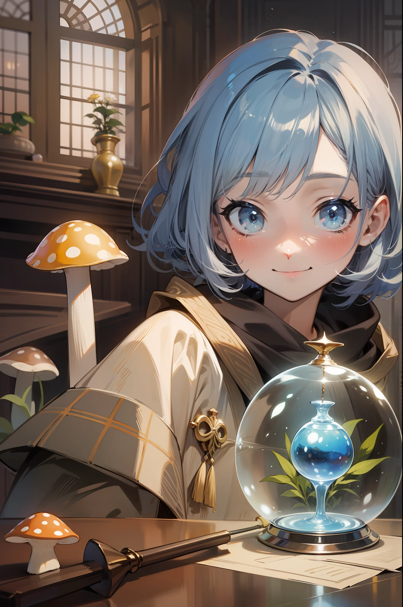 ​masterpiece, top-quality, One young wizard、cute little、magic wands、Magic broom、medicinal herbs、nutty、mushroom、Magic House、Magic Kitchen、hour glass、detailed and beautiful faces、beautidful eyes、seducting smile、majutsu、magical fantasy、in isekai、cloaks、Hooded、FULL BODYSHOT、Dynamic angles、Magic costume、