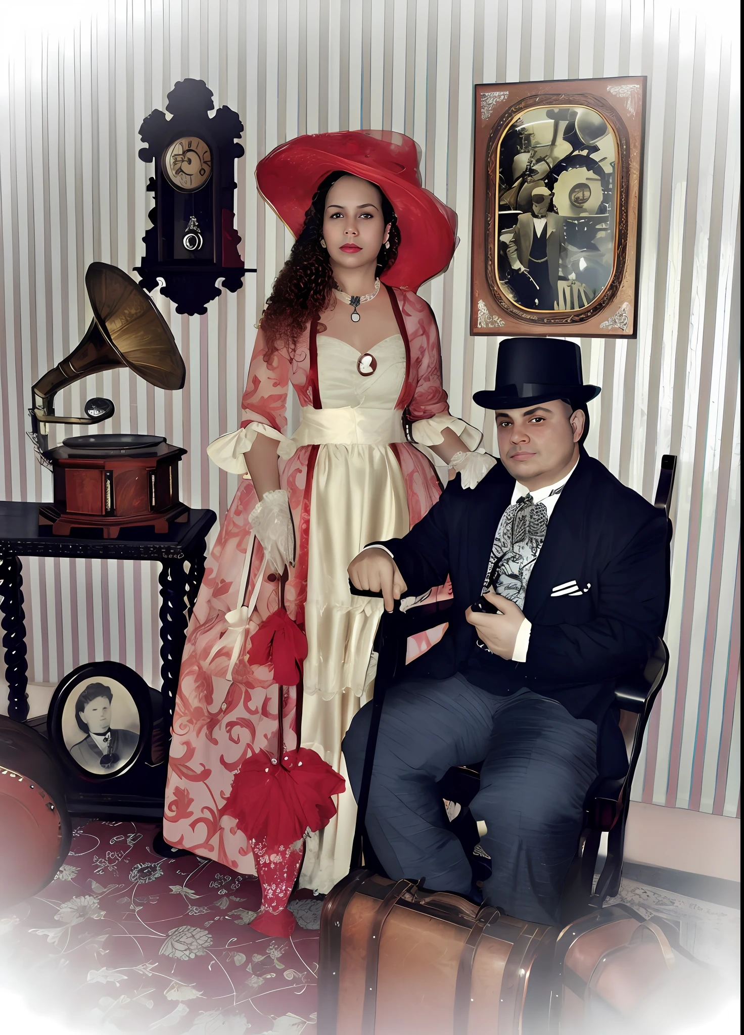 There is a man and a woman dressed in Victorian clothes posing for a photo, wearing 1890s era clothes, ambos vestindo roupas vitorianas, em aristocrata vitoriano, traje estilo vitoriano, usando roupas vitorianas, vestindo roupas 1 8 5 0 s era, wearing 1850s era clothes, em um vestido vermelho da era vitoriana, wearing clothes from the 1860s