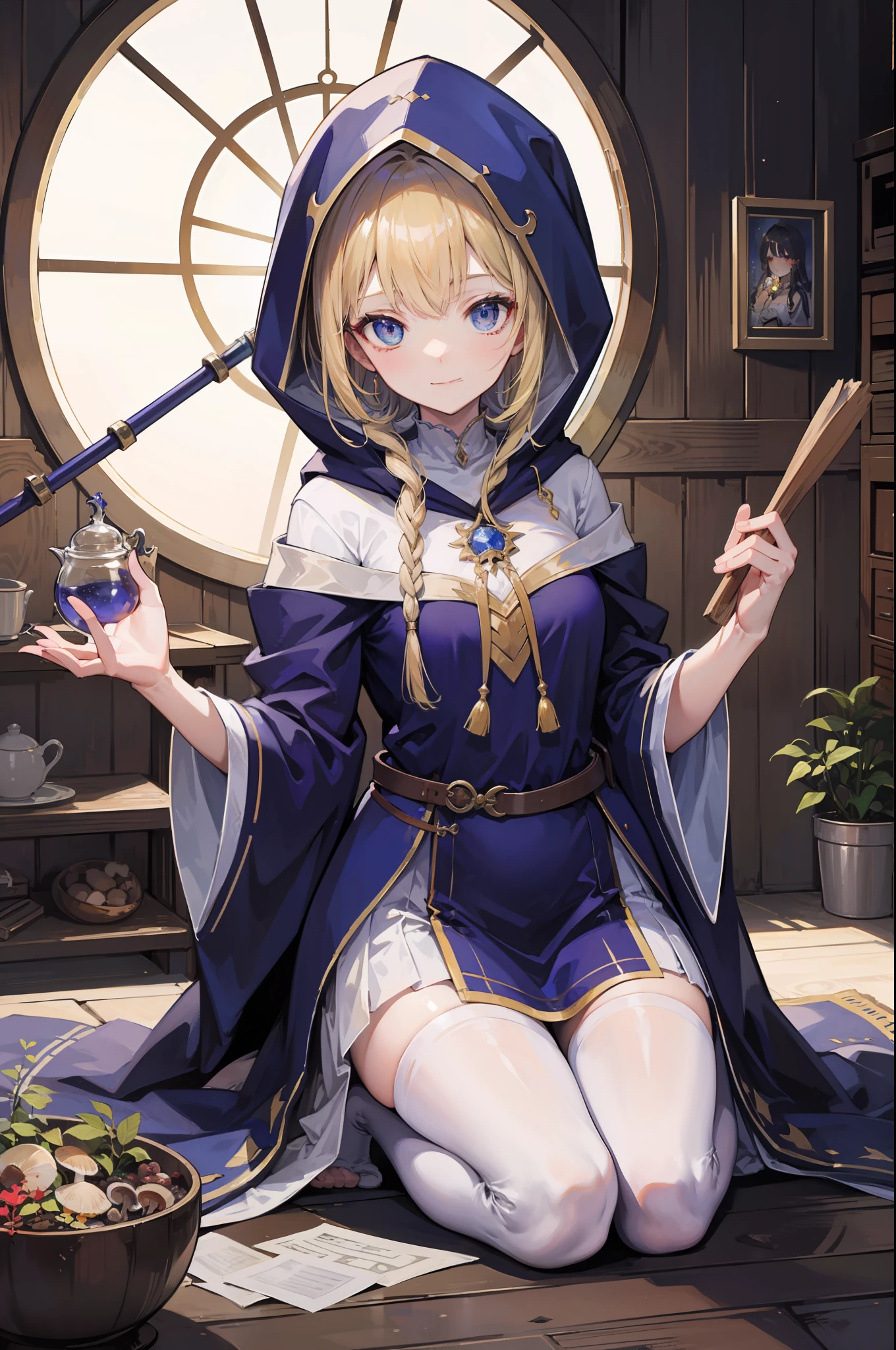 ​masterpiece, top-quality, One young wizard、cute little、magic wands、Magic broom、medicinal herbs、nutty、mushroom、Magic House、Magic Kitchen、hour glass、detailed and beautiful faces、beautidful eyes、seducting smile、majutsu、magical fantasy、in isekai、cloaks、Hooded、FULL BODYSHOT、Dynamic angles、Magic costume、