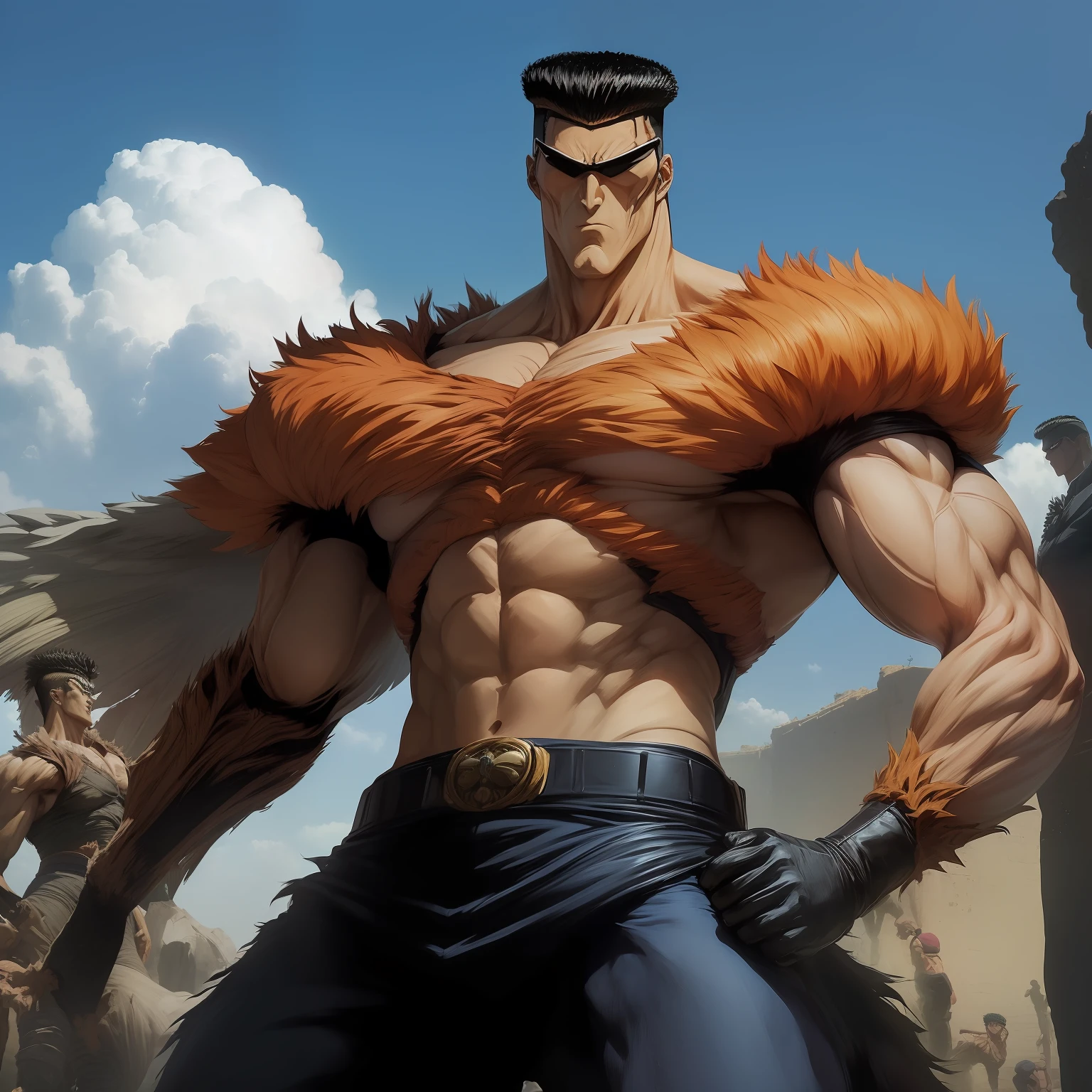 anime, anime obra prima,(Toguro), forte musculoso, ((((solo)))), corpo inteiro , evil, rindo maliciosamente, (sem camisa), anime, anime obra prima,((anatomicamente correto)), (((((rindo maliciosamente)))), running towards a punching person, (cenario arena de luta coliseu)