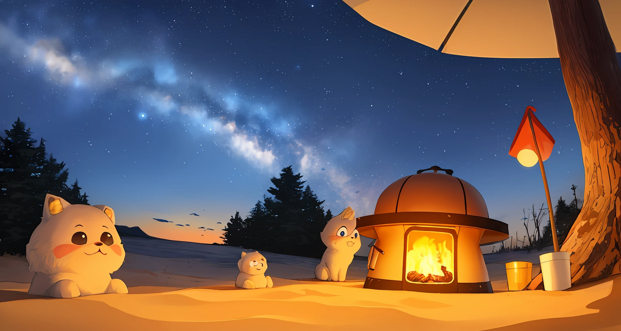 A night sky, beautiful sky，There are two cartoon cute children with lights，In the barbecue，There is a tree next to it，There is sand and gravel on the ground，Ultra high quality，High-sense illustration，dynamic angle，8k wallpaper