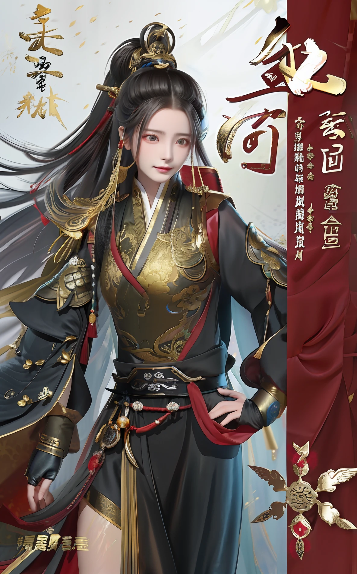 One of them was dressed in gold and black,Red-banded woman, xianxia hero, by Yang J, Wuxia, zhao yun, full-body wuxia, inspired by Zhang Wo, Xianxia, Inspired by Zhao Yuan, Inspired by Seki Dosheng, xianxia fantasy, inspired by Wu Daozi, Long Gun,Ancient battlefield general,tmasterpiece,Bigchest,cleavage,Raised sexy,karo,