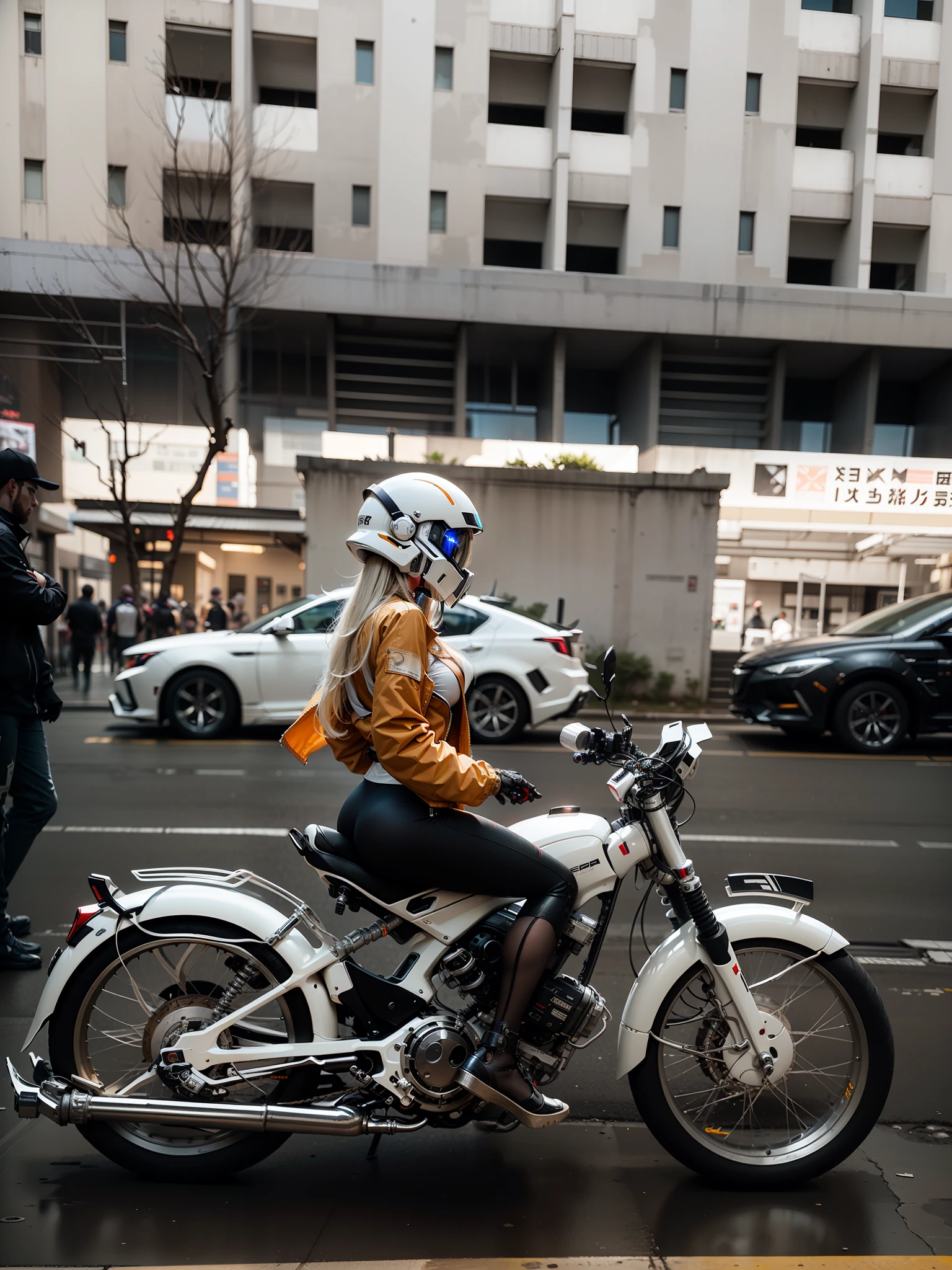Sexy Cyber Warrior，Long flowing blonde hair，White cyberpunk high-tech mech costume，White cyberpunk faceless helmet，Biomechanicals， MSHN Robot Woman，High-tech helmet，hyper realisitc， Steel， Complex design， insanely details， finely detailled， Extremely clear lines， cinmatic lighting， photograph realistic， A detailed masterpiece