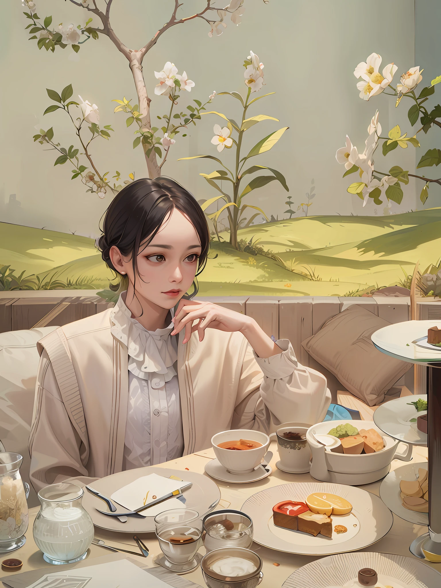 There was a woman sitting at the table,Carrying a plate of food, Guviz-style artwork, by Yang J, Guviz, Detailed fanart, By Li Song, trending on cgstation, Palace , A girl in Hanfu, Beautiful digital illustration, A beautiful artwork illustration, author:Zhou Fang, by Ye Xin, by Russell Dongjun Lu