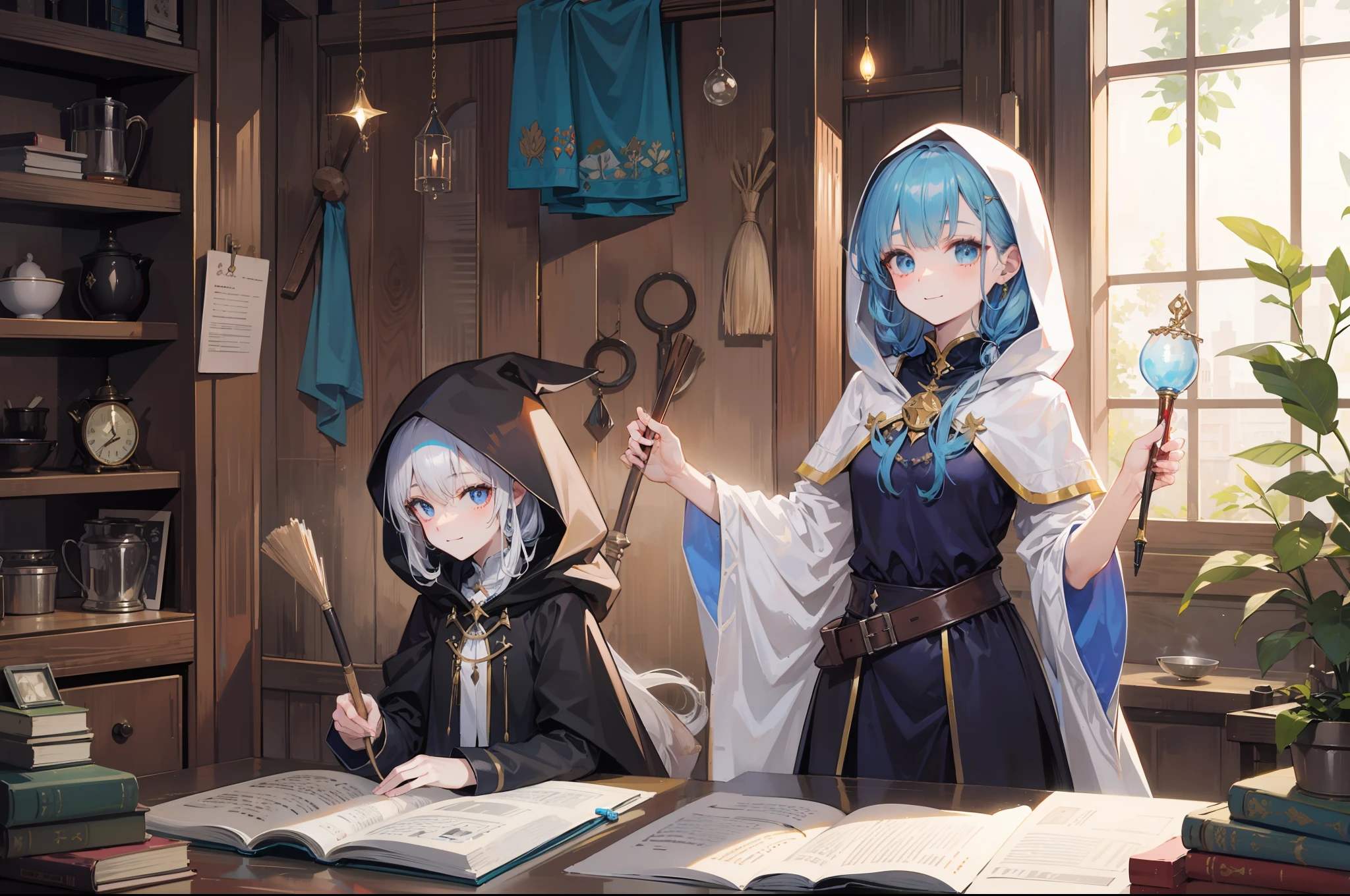 masterpiece, top-quality, One young wizard、cute little、magic wands、Magic broom、medicinal herbs、nut、mushroom、Magic House、Magic Kitchen、hour glass、detailed and beautiful faces、beautidful eyes、seducting smile、majutsu、magical fantasy、in isekai、cloaks、Hooded、FULL BODYSHOT、Dynamic angles、Magic costume、
