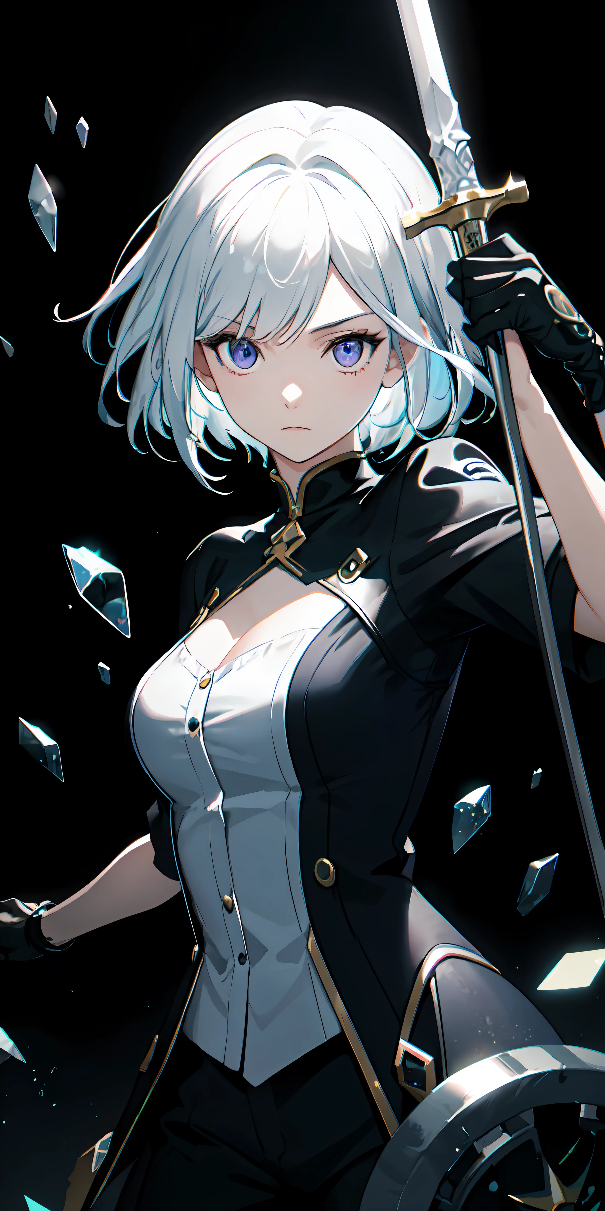 masterpiece, best quality, (extremely detailed CG unity 8k wallpaper, masterpiece, best quality, ultra-detailed, best shadow), (detailed background), (beautiful detailed face, beautiful detailed eyes), High contrast, (best illumination, an extremely delicate and beautiful),1girl,((colourful paint splashes on transparent background, dulux,)), ((caustic)), dynamic angle,beautiful detailed glow,full body, cowboy shot, colorful, 1girl, white hair, purple eyes, dual wielding, sword, holding sword, blue flames, glow, glowing weapon, light particles, wallpaper, chromatic aberration, (detailed background,dark fantasy), (beautiful detailed face), high contrast, (best illumination, an extremely delicate and beautiful), ((cinematic light)), colorful, hyper detail, dramatic light, intricate details, depth of field,black light particles,(broken glass),magic circle,