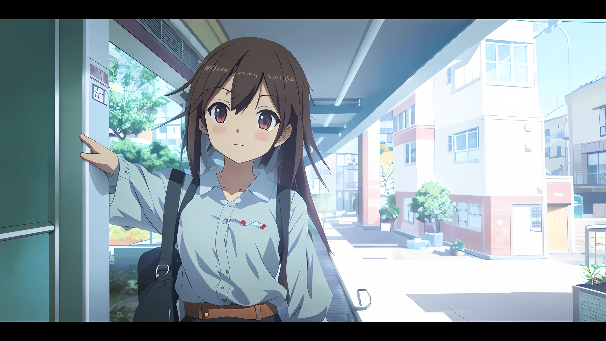 anime girl with long hair and purple eyes standing in front of a building, makoto shinkai style, anime style. 8k, semirealistic anime style, makoto, in style of makoto shinkai, けもの, in style of kyoto animation, makoto shinka, style of makoto shinkai, realistic anime 3 d style