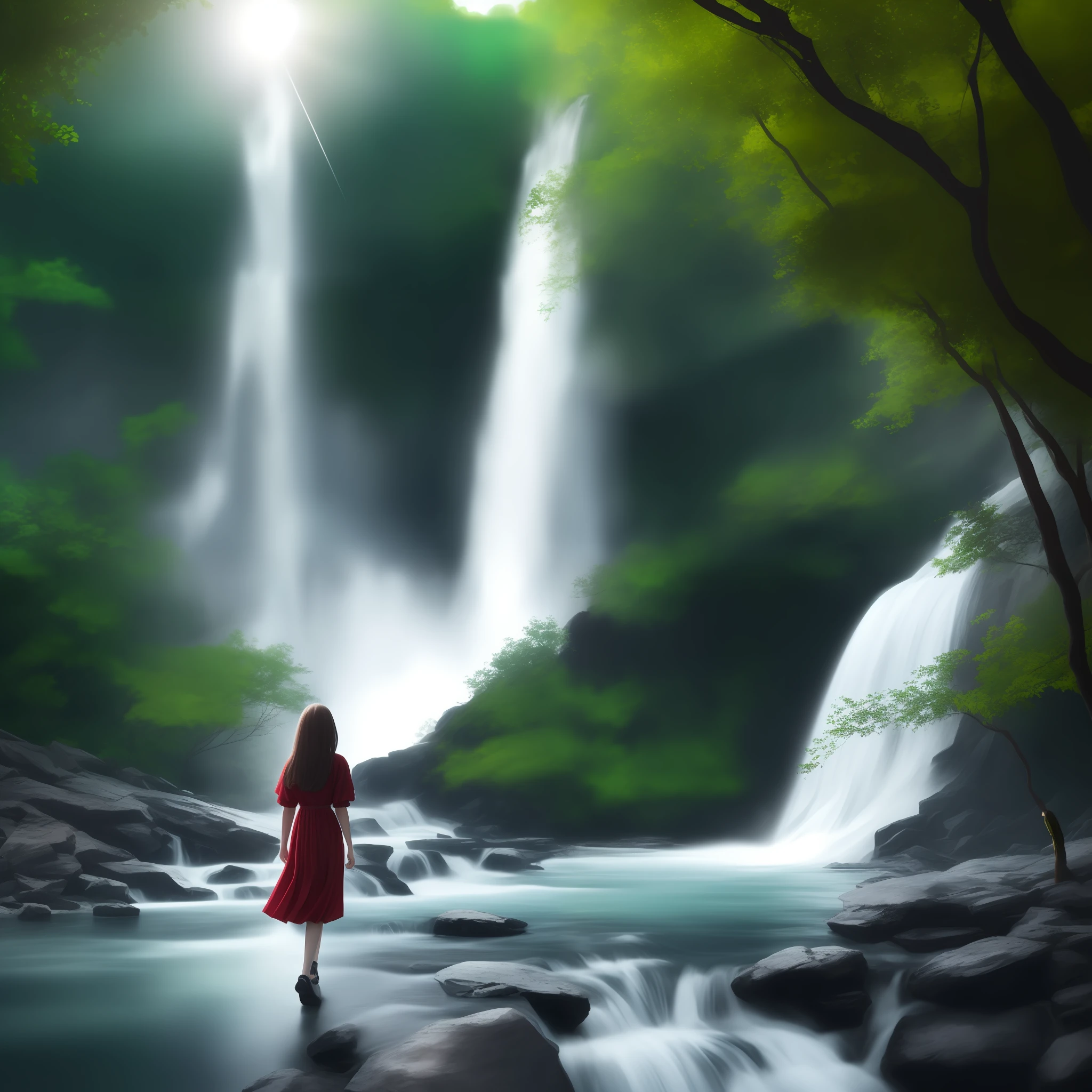1girl, surreal beautiful young woman, wearing colorful dress, big waterfall, walking under the waterfall, back to the audience, ethereal beauty, full body, character ratio is only 1/8, lake surface, ((large grove)), Tyndall ray, realism, cinematic lighting, ray tracing, optical illusion, lens flare, 120mm, f/1.2, Sony FE GM, Ultra HD, Retina, Masterpiece, ((Best Quality)), ((Masterpiece)), (Very detailed: 1.3)