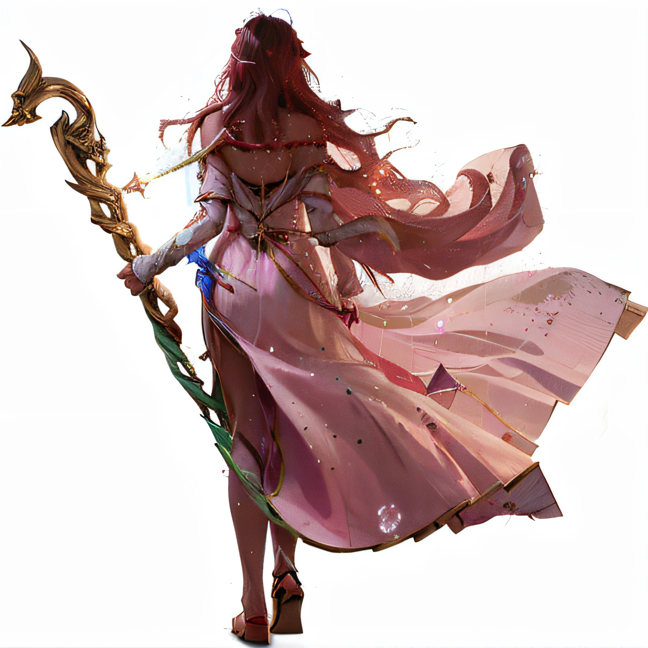 The Arad woman in a pink dress holds a snake and a staff, carrying a magical staff, flowing hair and long robes, maya ali as a wind mage, waving robe movement, spellcasting pose, t-pose of wizard, render of mirabel madrigal, hyper-detailed fantasy character, final fantasy character, dark sorceress fullbody pose, megara