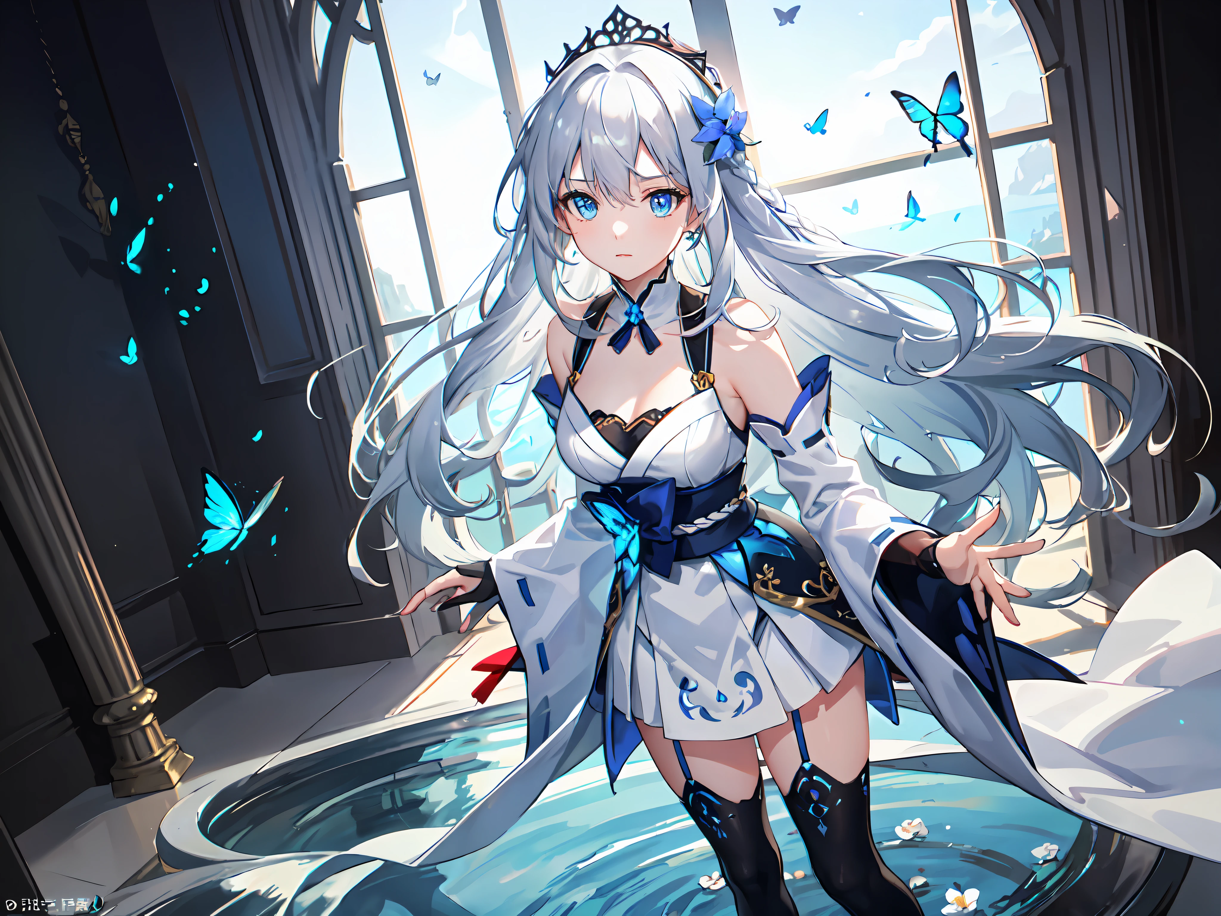 (Overhead view),dynamic angle,ultra-detailed, illustration, close-up, straight on, 1girl, (fantasy:1.4), (azure blue eyes:1.233),Her eyes shone like dreamy stars,(glowing eyes:1.233),(beautiful and detailed eyes:1.1),(Silver hair:1.14),(messy hair,very long hair,french braid,hair between eyes,sidelocks), (+(bule hair flower:1.14)),(chiffon dress,bule flower pattern in uniform)/=(military uniform:1.24),(detached sleeves,wide sleeves),(fingerless gloves),choker,(miko thighhighs),High heeled boots,(expressionless,closed mouth),(standing), (classical Princess boudoir with dressing tableand french windowin a white ancient palaces),(white flowers,bloom),(abysmal sea),(flowing water),(a dull blue world tree:1.14),(ruins),(night:1.2),dreamy,soul,(fluorescence),(flying translucent blue butterflies:1.15), [[delicate fingers and hands:0.55]::0.85],(detail fingers),(yubao:0.5),