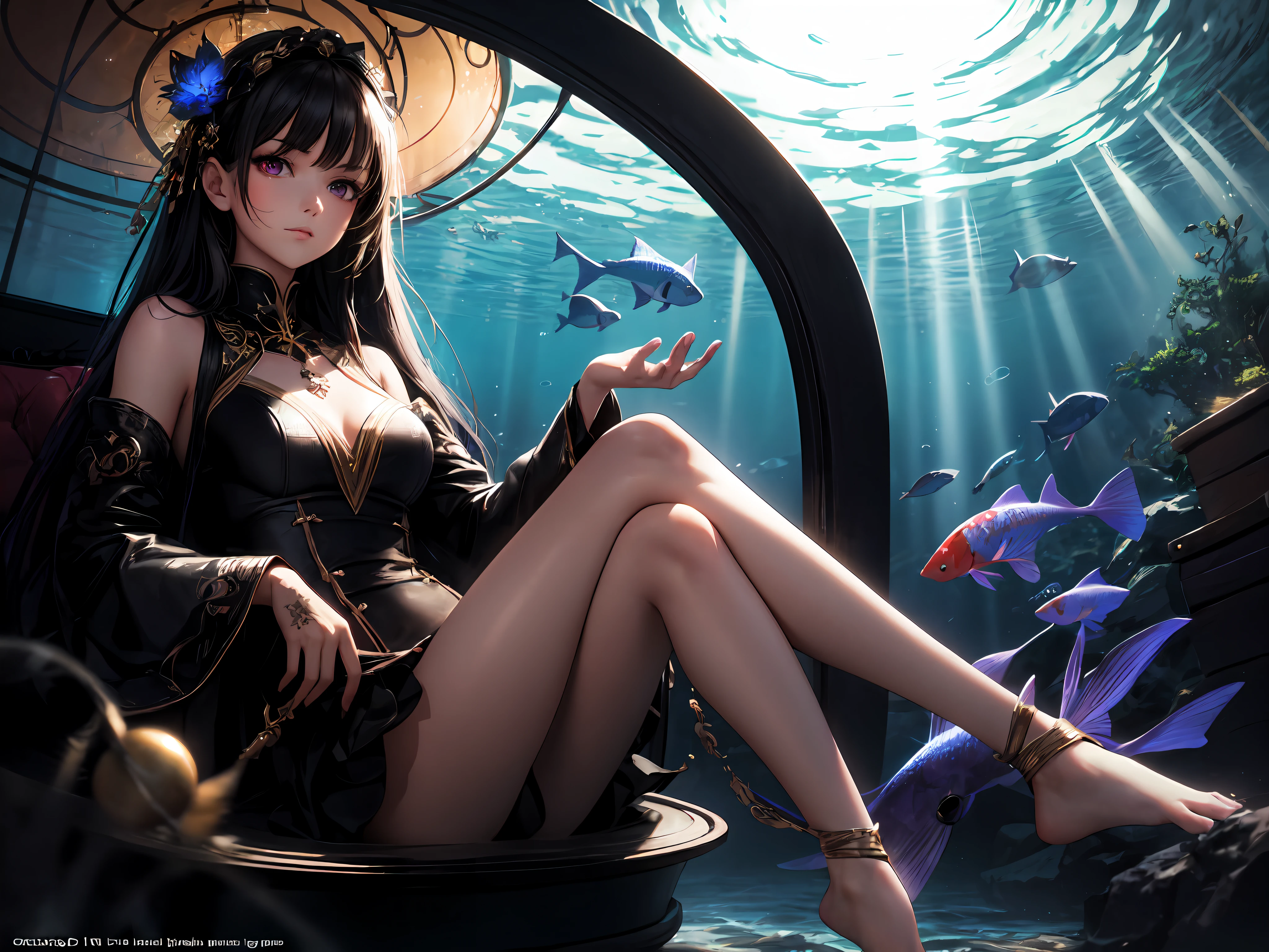 realistic:1.4, [(Transparent background:1.5)::5],(((masterpiece))),(((best quality))),(((extremely detailed))),illustration, 1girl,solo,mysterious,vivid color,shiny, underwater transparent sealed hemispherical glass dome, (white hair),(purple eyes), full body,barefoot,long hair tranquil nature, koi,Underwater, Dome,close up,Dynamic actions,Lens perspective,(((Box composition))),sit cross-legged, 1girl, black hair, red eyes, fire witch, blood, light particles, light rays, wallpaper, high contrast, colorful,