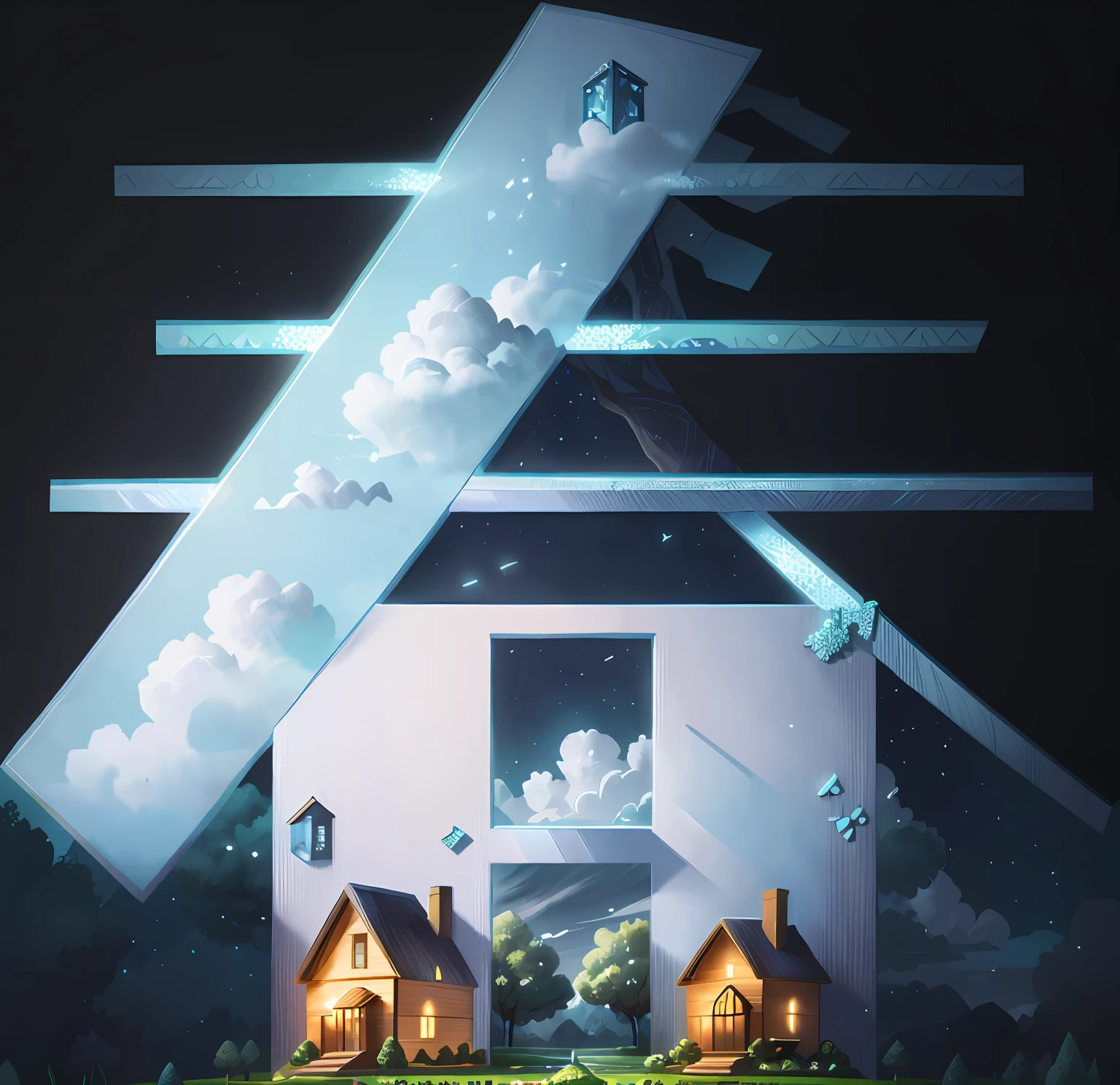 A very lovely house,A text composed of diamonds,There is a lot of stuff on it,Trees in the background,There are clouds and sky above