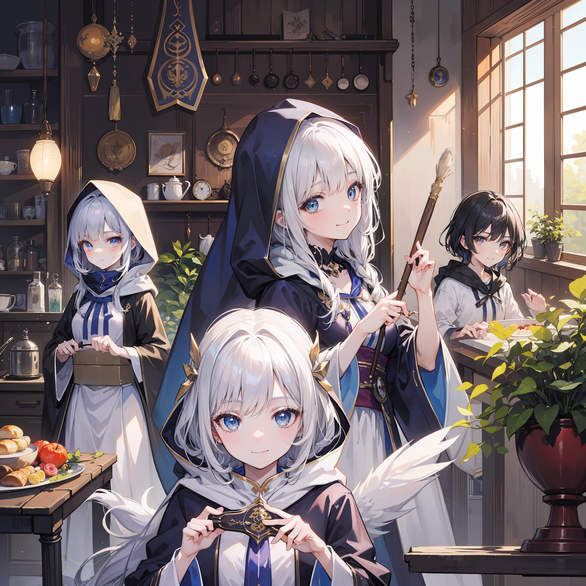 masterpiece, top-quality, One young wizard、cute little、magic wands、Magic broom、medicinal herbs、Magic House、Magic Kitchen、detailed and beautiful faces、beautidful eyes、seducting smile、majutsu、magical fantasy、in isekai、cloaks、Hooded、FULL BODYSHOT、Dynamic angles、Magic costume、