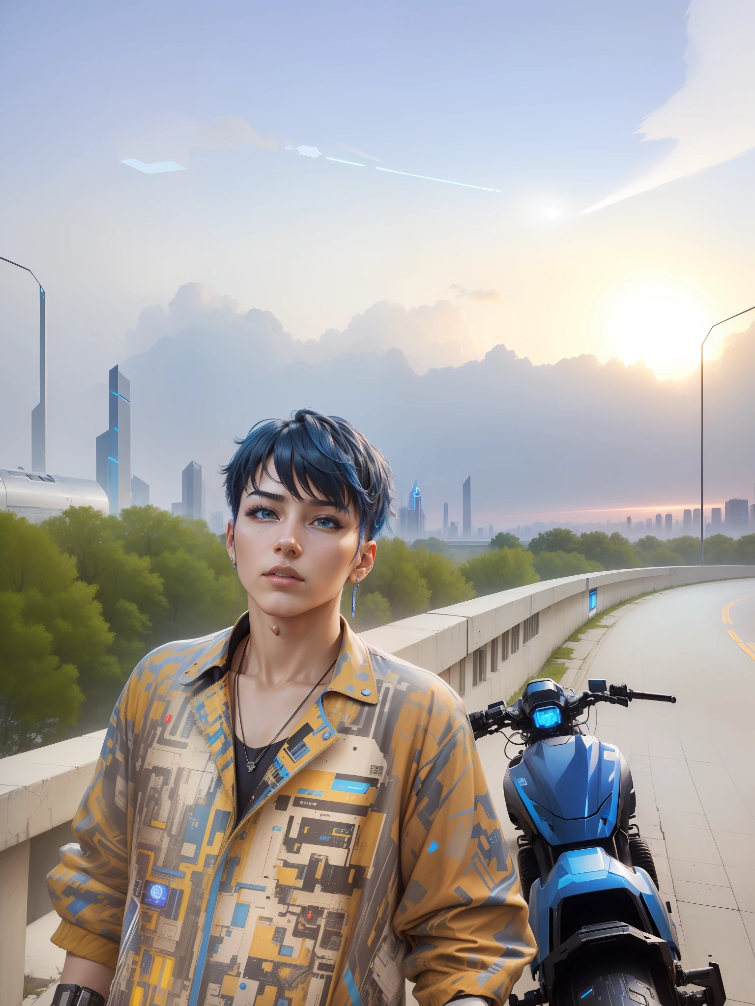(high qulity, cyber punk perssonage, high-class, magic, ultra-realistic realism, Technologie):(Cyberpunk:1.2),Abstract geometric, dyna, Full of mystery, blue colors(Blue represents technology and futurism),Vertical composition, Modernity, It's like you're in the future。 --auto