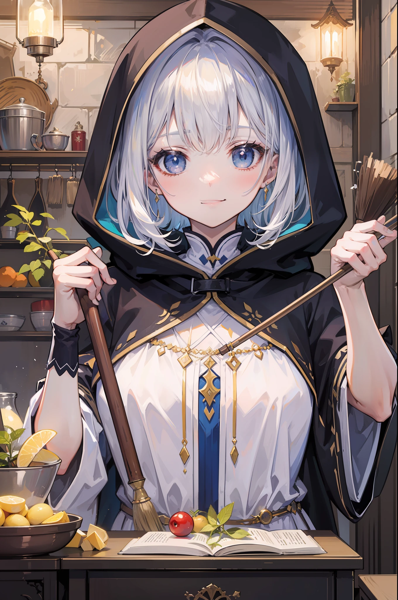 masterpiece, top-quality, One young wizard、cute little、magic wands、Magic broom、medicinal herbs、Magic House、Magic Kitchen、detailed and beautiful faces、beautidful eyes、seducting smile、majutsu、magical fantasy、in isekai、cloaks、Hooded、FULL BODYSHOT、Dynamic angles、Magic costume、