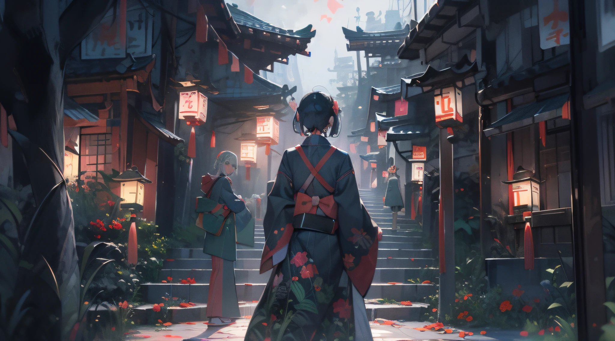 the phantom,Night,Backlight,Masterpiece,Best quality,High detail,Epic detail,hyper qualit,8K,Sophisticated,ultra - detailed,best qualtiy,Hyper-detailing,cinema shot,Realistic,The Yunderl effect,deep in the night,Lanterns hang from both sides of the street,stairways, east asian architecture,exteriors,A girl stands on the stairs,japanses clothes,komono,With his back to the camera。