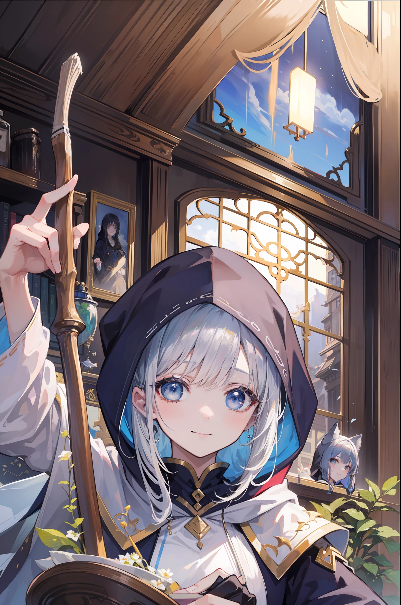 masterpiece, top-quality, One young wizard、cute little、magic wands、Magic broom、medicinal herbs、Magic House、Magic Kitchen、detailed and beautiful faces、beautidful eyes、seducting smile、majutsu、magical fantasy、in isekai、cloaks、Hooded、FULL BODYSHOT、Dynamic angles、Magic costume、