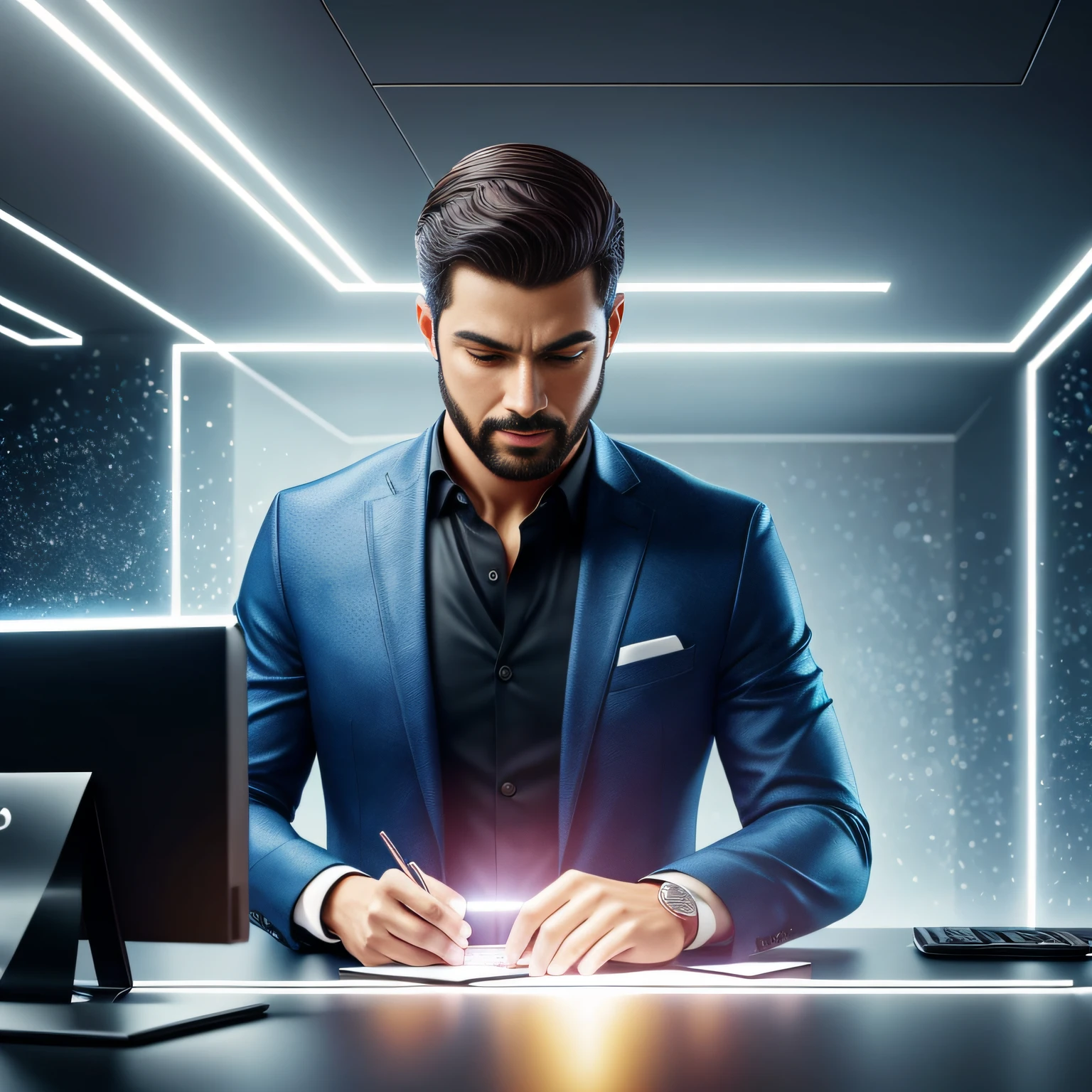 Um homem sentado em frente a um computador, seu rosto iluminado pelo brilho da tela, a look of astonishment and excitement on his face, enquanto uma chuva torrencial de dinheiro cai ao seu redor, symbolizing his newfound wealth after discovering a lucrative secret, arte digital, using a combination of photorealistic rendering and digital painting to create a dynamic and captivating scene, --AR 16:9 --V 5