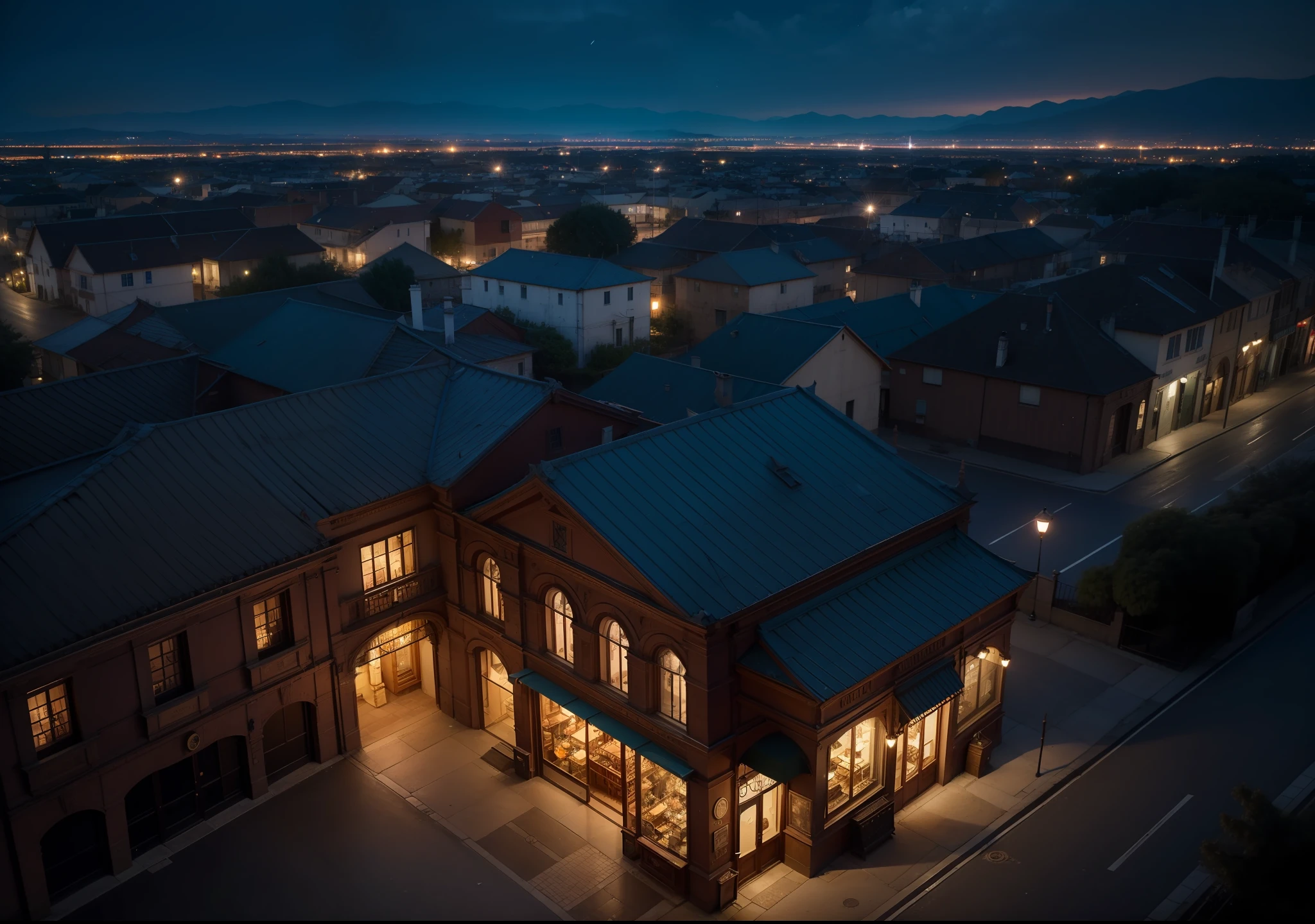 Front of an antique shop, noite escura, aerial view, dark , Surrealism, 8k, maximum detailed, alta qualidade