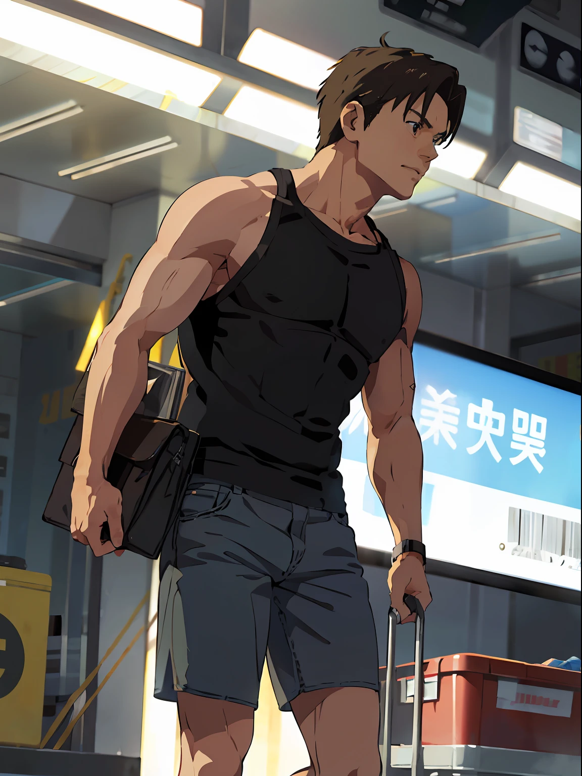 In a final destination movie scene,A person has a sense of muscle、Handsome shirtless male,is wearing a shorts,It shows a charming charm。