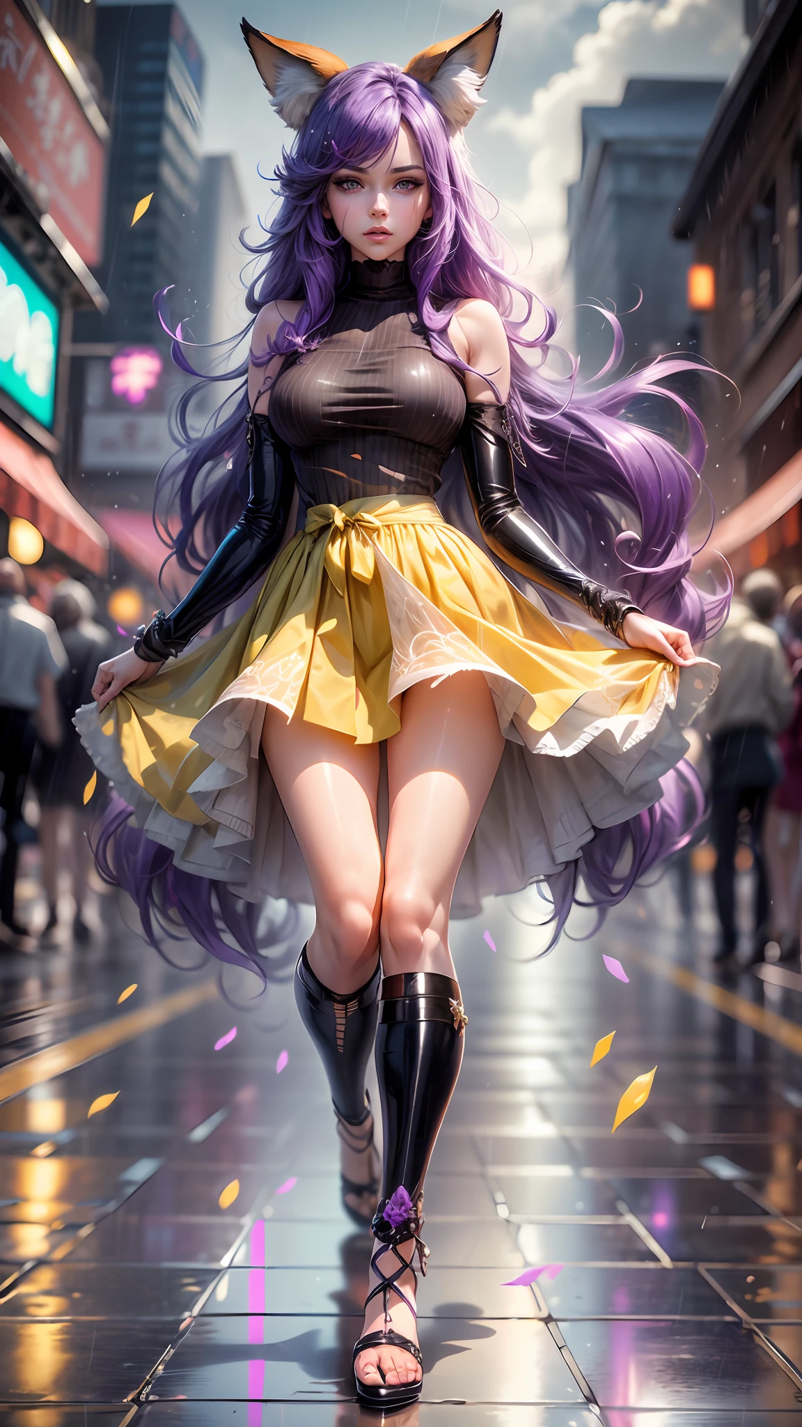 Best quality, hyper-high detail, very high res, Extremely detailed CG, 真实感,absurd res,fox ear,Huge colorful fox tail, 8K,Colorful, A 20-year-old nine-tailed fox girl,Light turtleneck shirt,Detailed clothing patterns,tiese,(full body:1.3),Solo,Perfect body shape,(long leges:1.3), Faraway view,high-heels,(Purple eyes), (Purple hair to shoulders), Extremely long purple diamond hair floating, yellow ribbon, Beautiful eyes,(Purple clothes:1.3),Wet clothes, Short purple skirt, detailed and beatiful face and eyes, ((Shiny skin)), Shiny hair, (detailed and beautiful shiny clothes, Kiosk side, In a square, waiting for rain to pass,overcast sky, Rainy days,(dynamicposes:1.3),low perspective,