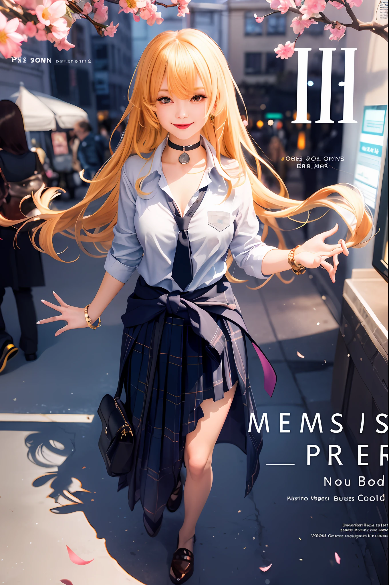 masterpiece, best quality, full body, 1girl, bangs, black choker, black necktie, blonde hair, blue skirt, blush, bracelet, breasts, choker, clothes around waist, collarbone, collared shirt, cowboy shot, dress shirt, ear piercing, eyebrows visible through hair, gradient hair, grin, gyaru, jewelry, kogal, long hair, looking at viewer, loose necktie, necktie, piercing, plaid, plaid skirt, pleated skirt, red eyes, ring, school uniform, shirt, skirt, smile, solo, white shirt, street, sky, cherry blossoms, petals,illustration, (magazine:1.3), (cover-style:1.3), fashionable, woman, vibrant, outfit, posing, front, colorful, dynamic, background, elements, confident, expression, holding, statement, accessory, majestic, coiled, around, touch, scene, text, cover, bold, attention-grabbing, title, stylish, font, catchy, headline, larger, striking, modern, trendy, focus, fashion,