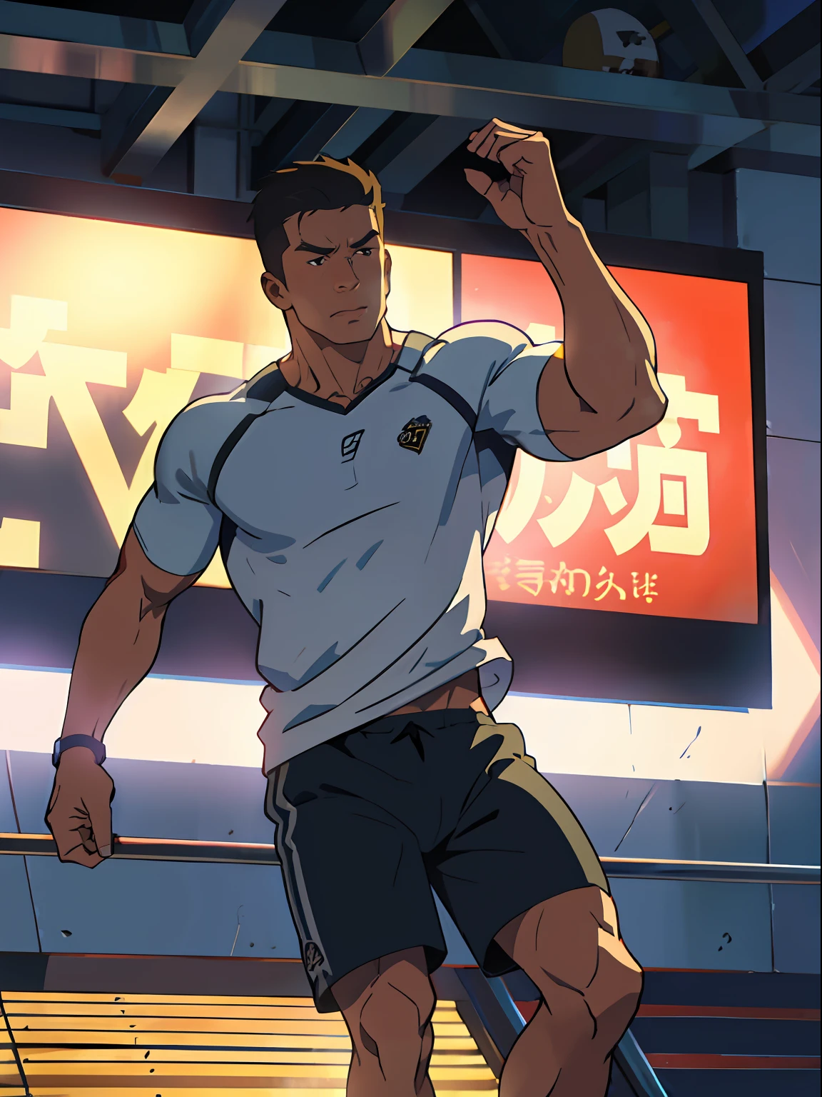 Handsome、Robust male，is wearing a shorts，Take off your top，Shows the muscle lines of the upper body，Show on the《Extreme pursuit》A cinematic scene，He looks ambitious。