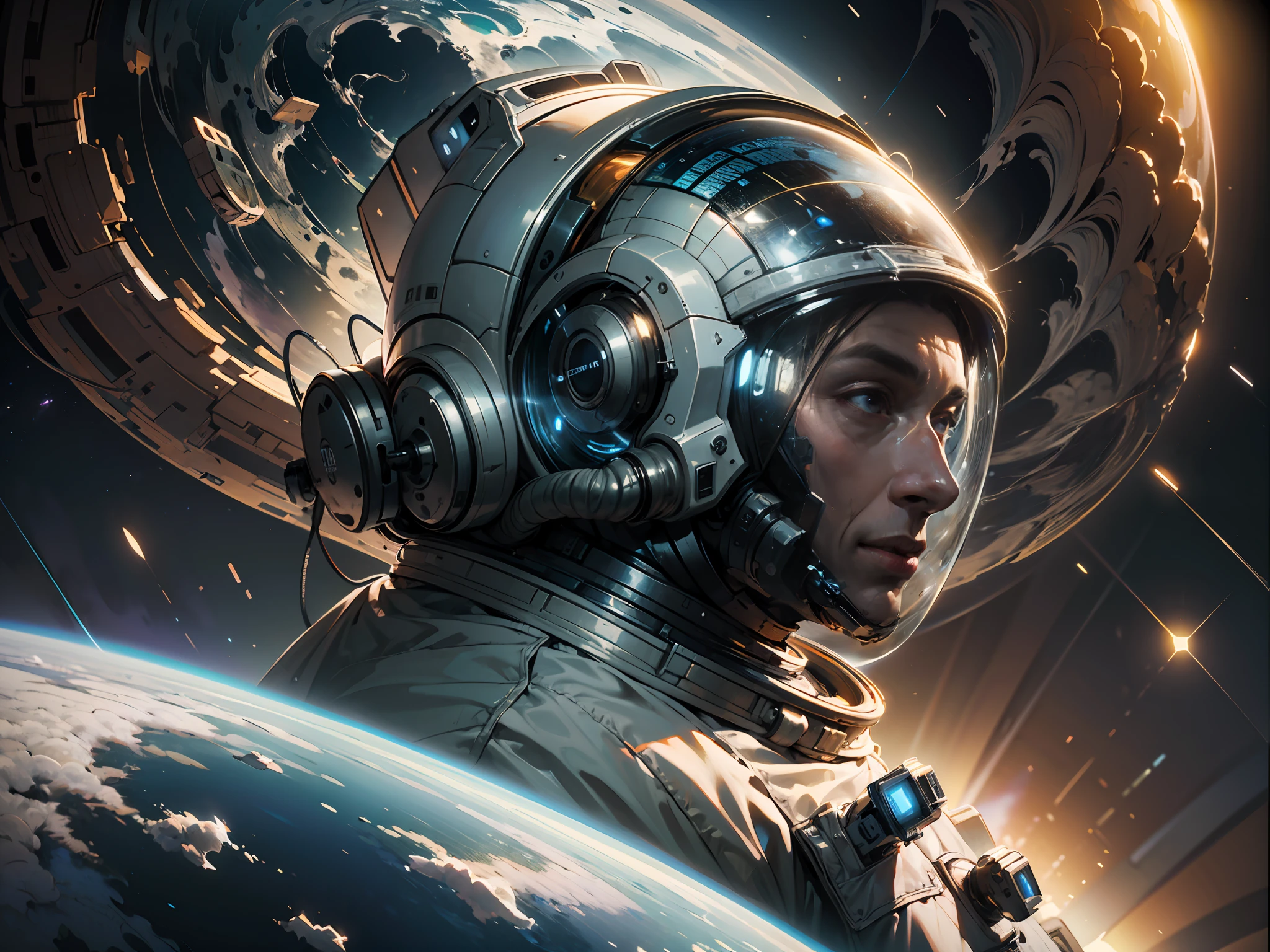 ((Masterpiece)), (Best Quality)), 8K, high detail, hyper-detail, the painting depicts a scene of breathtaking magnificent spatial images. The picture shows a man wearing a spacesuit, facing back, looking at another glowing planet in space. The scenes are extremely detailed and the clarity is extraordinary, capturing every intricate detail of the panorama.