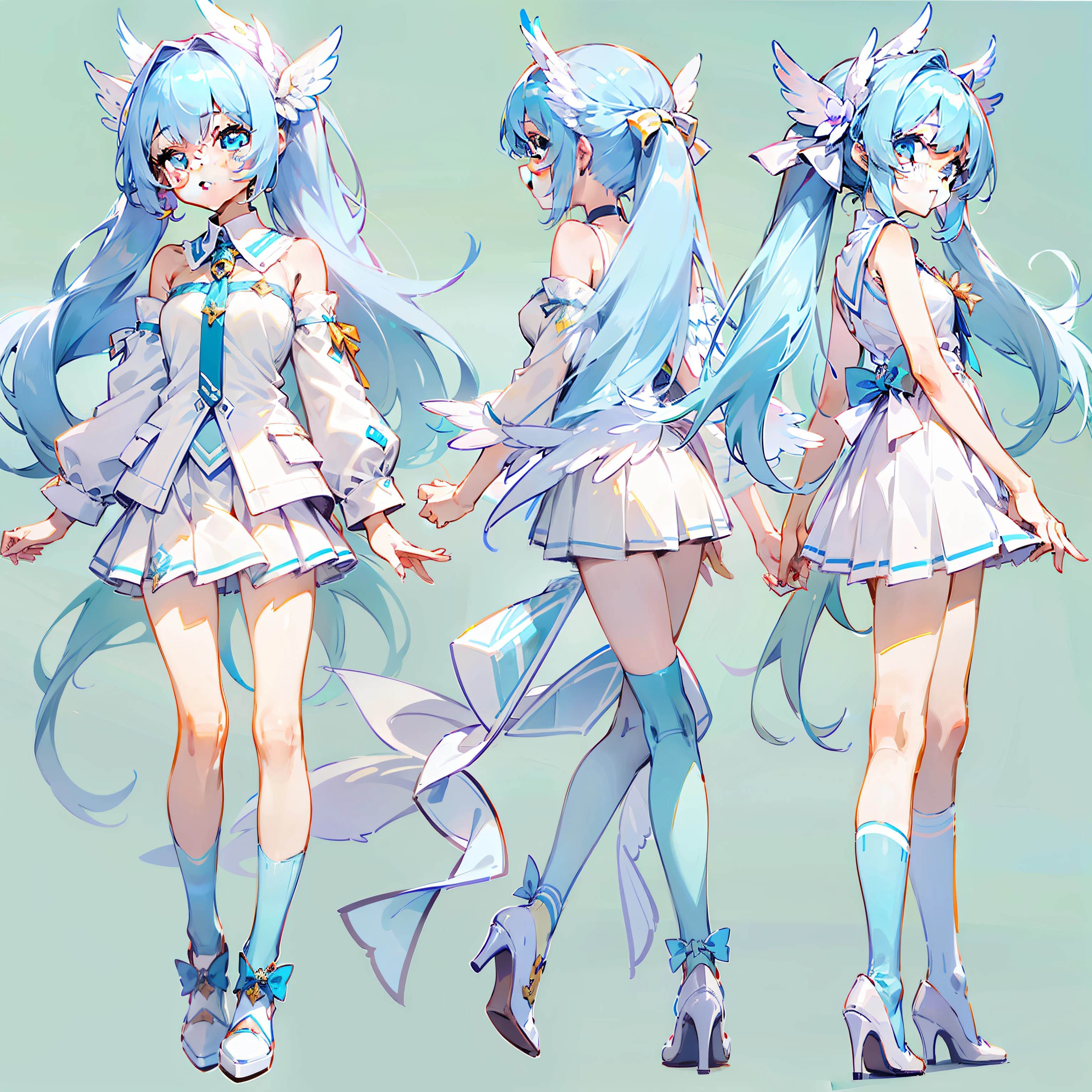 Campus background,12-year-old girl,lightblue hair,Tied with a single long ponytail,an orchid flower,Light blue 10cm heels,Light blue bow,White top,cropped shoulders,Short skirt in light blue,light blue hair,light eyes,white clothes,thin very long legs,Angel white wings,Cute and sweet,rejoice,full bodyesbian,high high quality
