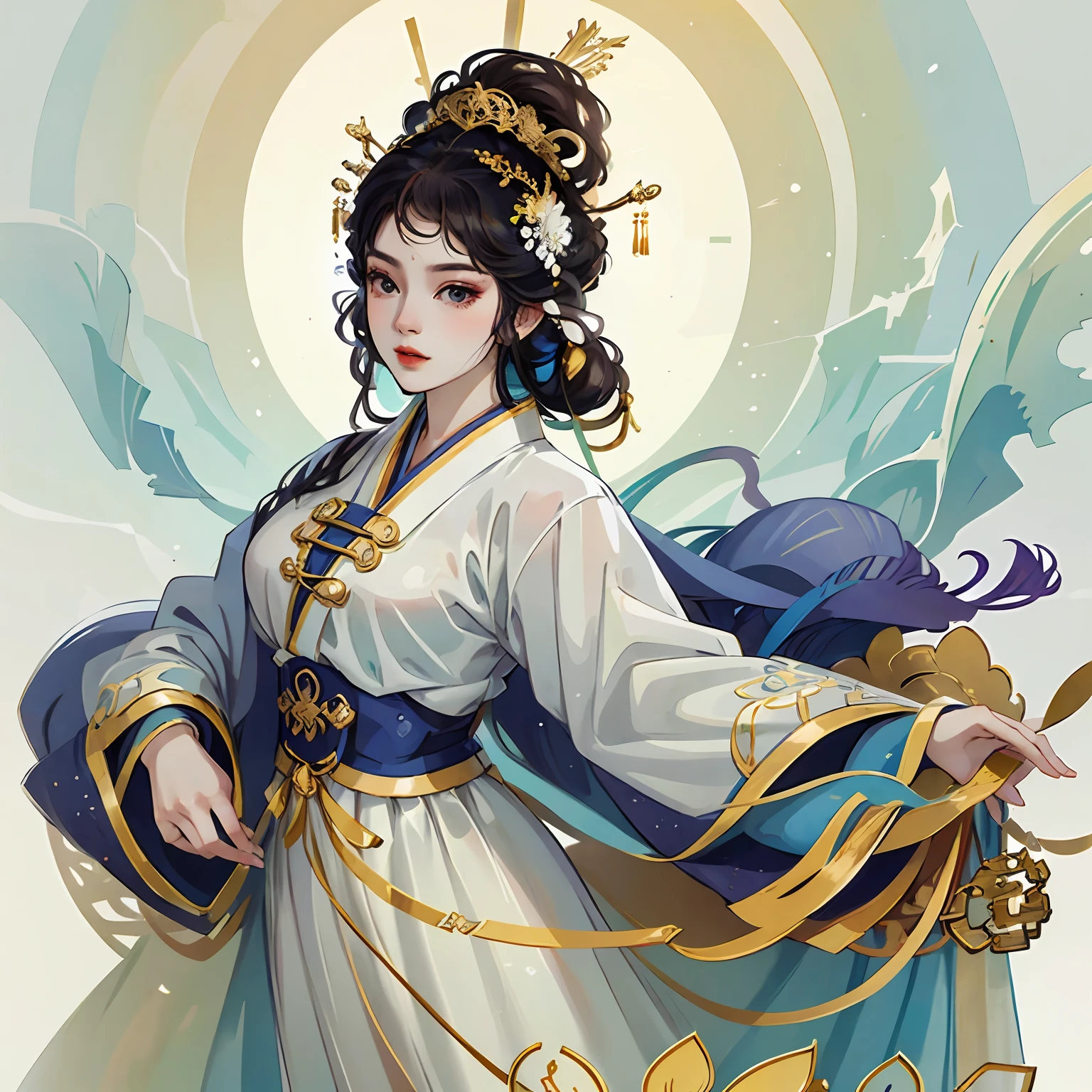 one-girl, Ancient Chinese clothing, rays of sunshine, Clear face, Clean white background, tmasterpiece, super detailing, Epic composition, hyper HD, high qulity, extremely detaile, offcial art, 8k 壁纸, super detailing, 32k -- v 6 --auto
