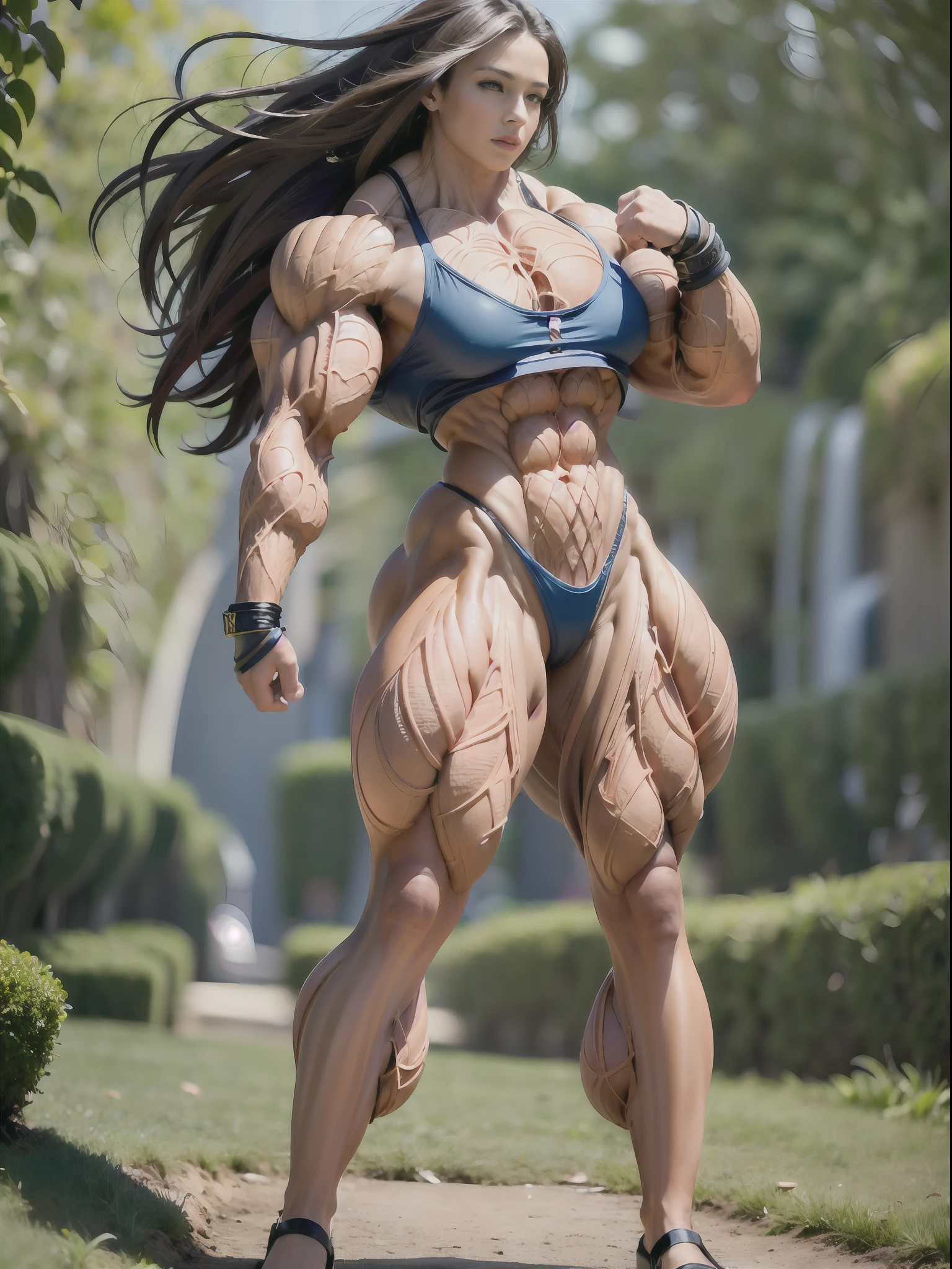 ultra photorealistic image of a bodybuilder wearing a skin tight thong, (perfect anatomy:1.5), (super muscular professional bodybuilder:1.5), (full body pose:1.5), (huge muscular arms:1.5), perfect model face, beautiful gorgeous smile, (super muscular physique:1.5), (muscular female bodybuilder:1.5), (huge muscular arms:1.5), (Larger biceps:1.75), large forearms, (((narrow hips))), veins everywhere, thin thighs, (thinner legs), (larger upper body:1.5), (small pecs), muscular chest, small waist, (perfect fingers:1.2), (full body pose), (UHD 8k:1.5), solo female, realistic image, high detail, photo quality, beautiful girl, best quality, ultra-detailed, masterpiece, finely detail, style of stefan kostic, realistic skin texture, 85 mm art lens, f 1.2, sharp focus, 8 k high definition, insanely detailed, intricate, elegant, art by stanley lau and artgerm