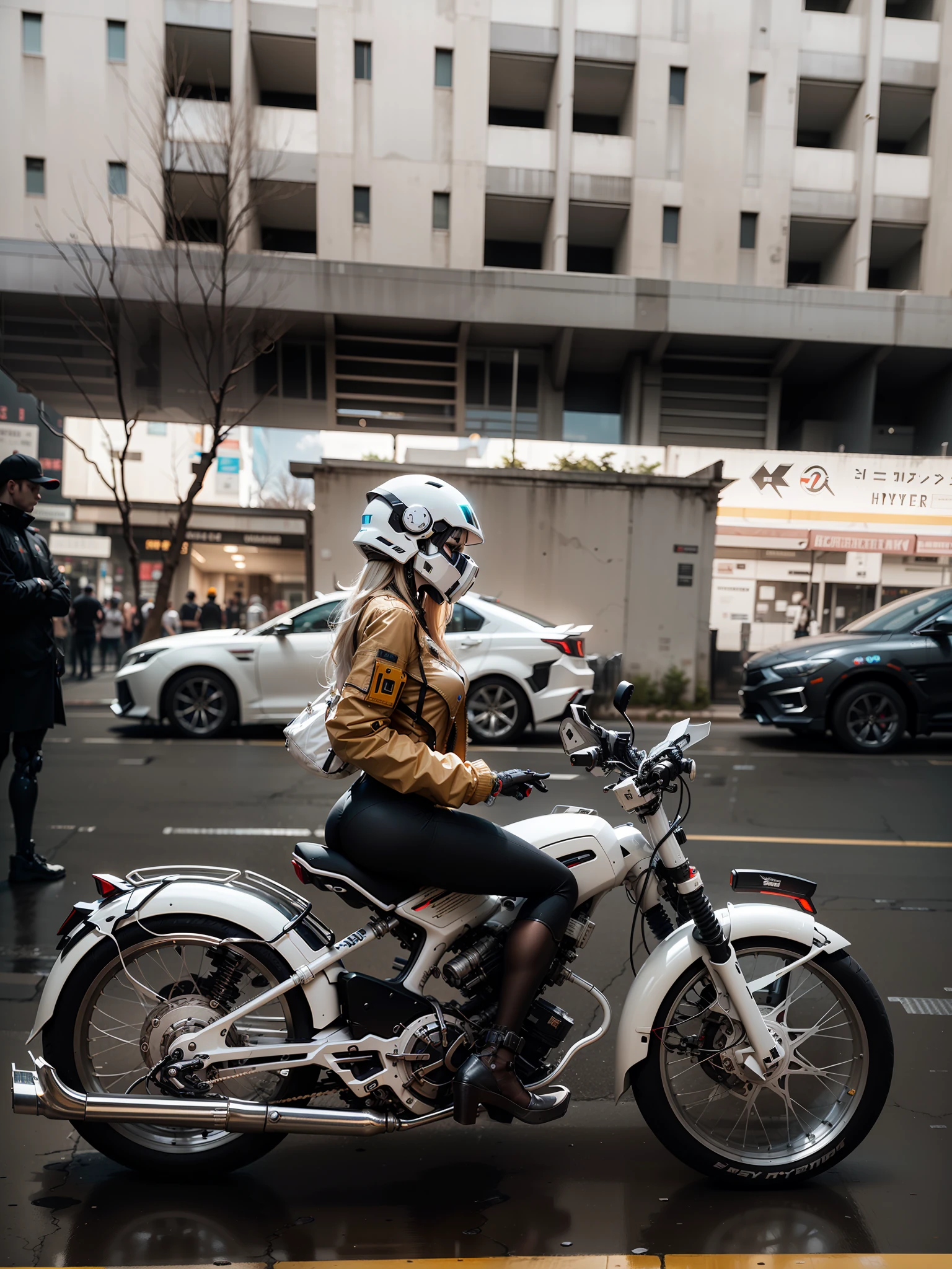 Sexy Cyber Warrior,Long flowing blonde hair,White cyberpunk high-tech mech costume,White cyberpunk faceless helmet,Biomechanicals, MSHN Robot Woman,High-tech helmet,hyper realisitc, Steel, Complex design, insanely details, finely detailled, Extremely clear lines, cinmatic lighting, photograph realistic, A detailed masterpiece