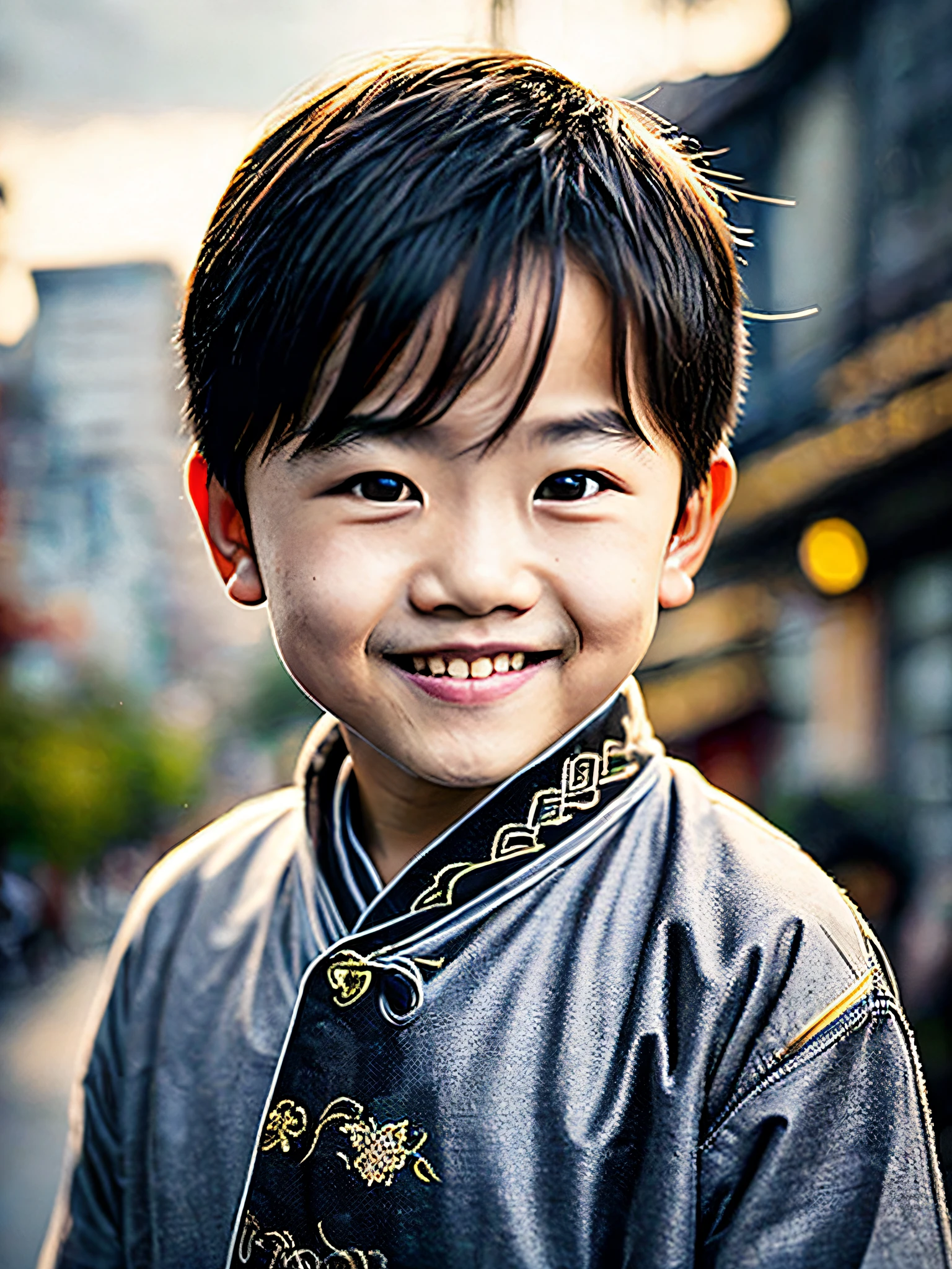 A close-up photo of a Chinese boy on a city street（（Wear stylish half-sleeves）），A particularly happy expression（having fun），独奏，black color hair，very vey very detailed face，beautidful eyes，[Chubby]，adolable，Ruddy cheeks，brightly，smile eyes，Breathtakingly beautiful，（Rembrandt lighting），ZEISS lens，Ultra photo realsisim，（highdetailskin：1.2），8K  UHD，digital SLR camera，Dramatic edge light，high qulity，Fujifilm XT3，