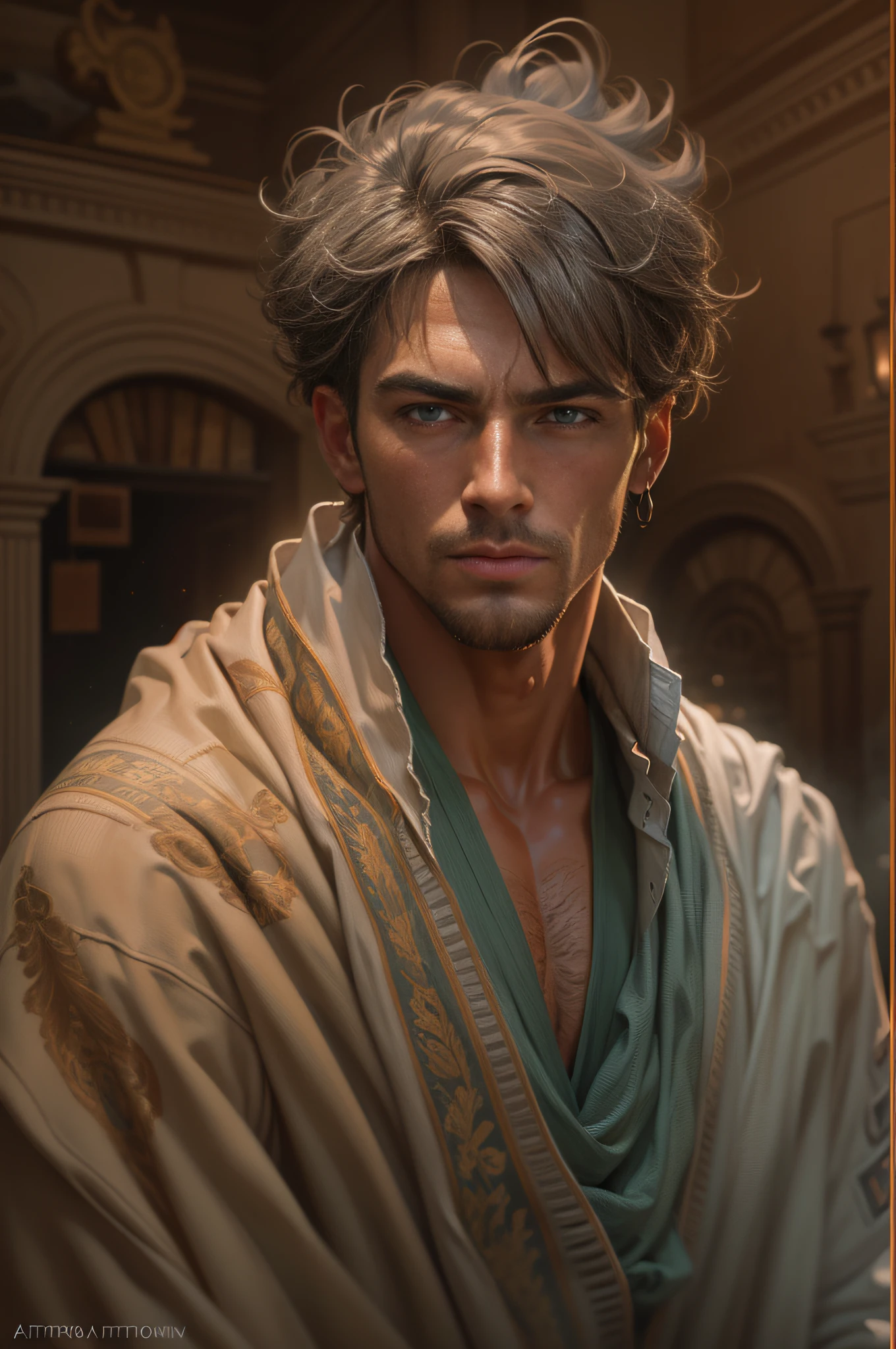 Man wrapped in old dirty cloth, wide angle, ((detailed environment)), muscular, handsome, detailed background, lifelike, ((highly detailed)), ((intricate)), detailed face, natural colors, ((((professionally color graded)))), photorealism, 8k, crisp lighting, trending on tumblr, art by artgerm and greg rutkowski and alphonse mucha and loish and WLOP