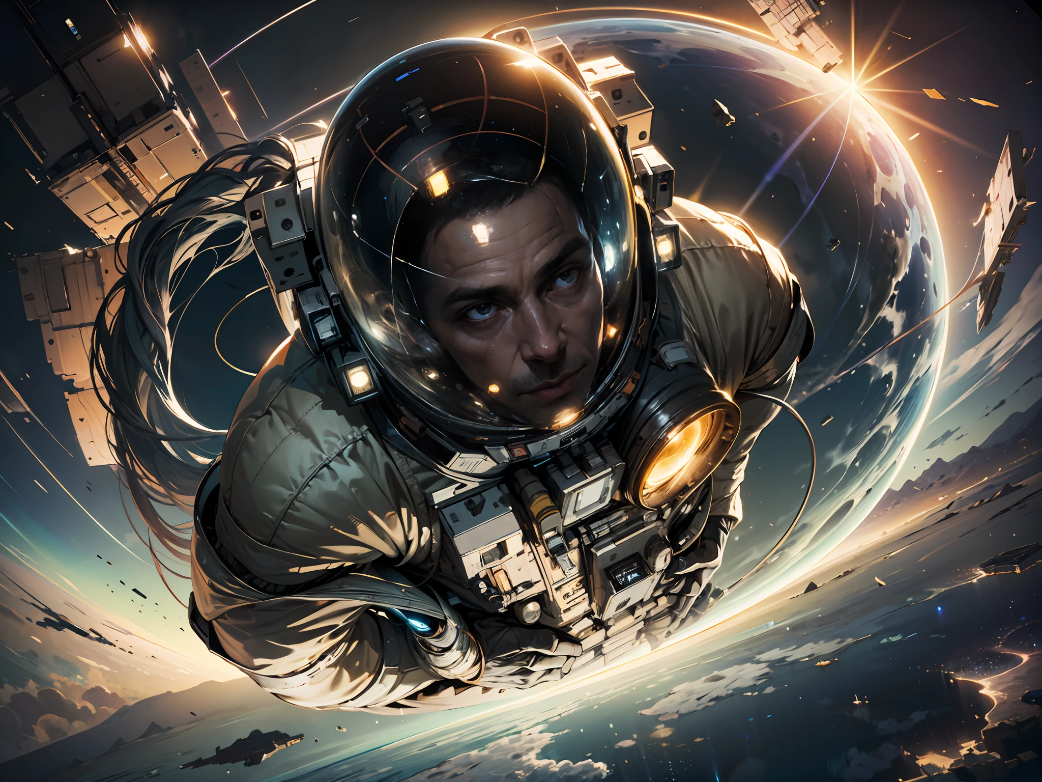 ((Masterpiece)), (Best Quality)), 8K, high detail, hyper-detail, the painting depicts a scene of breathtaking magnificent spatial images. The picture shows a man wearing a spacesuit, facing back, looking at another glowing planet in space. The scenes are extremely detailed and the clarity is extraordinary, capturing every intricate detail of the panorama.