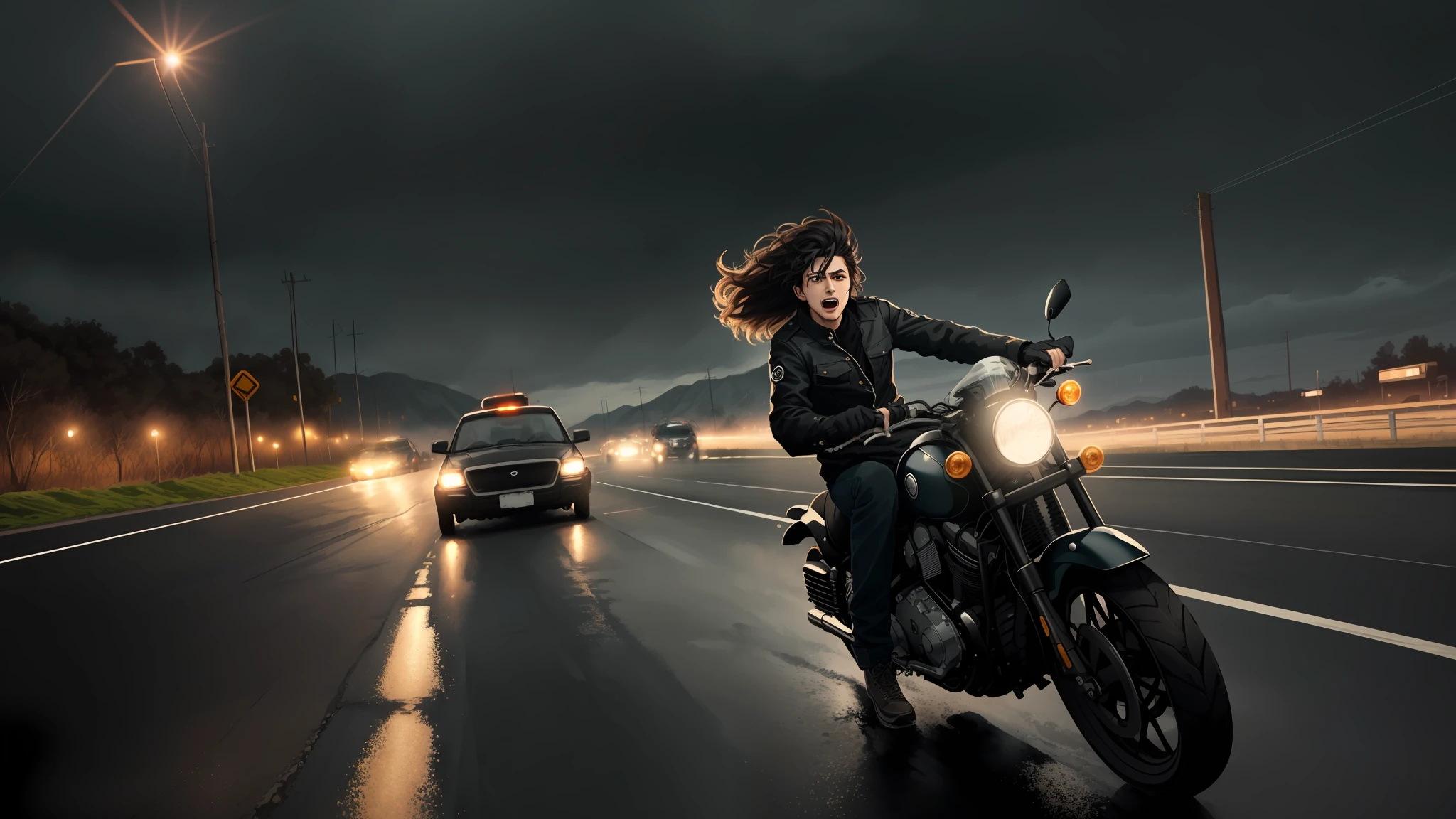 Uma imagem emocionante e sedutora de um homem forte, cigarro na boca,  pilotando uma motocicleta, with a sense of wild and bold freedom in his expression and posture. The succubus is depicted in a dark, rainy setting, com o vento em seus cabelos e o rugido do motor sob ele. He's wearing a sleek black outfit, com curvas que acentuam seus poderes perigosos e sedutores. His flowing short black hair is whipped by the wind as he speeds down the open road, with a sense of reckless abandon and daring adventure fueling every move. Despite his reputation as a creature of darkness and rude,  is portrayed here as a powerful and independent figure, with a sense of strength and confidence that is exciting and intimidating. The scene is rendered in a highly detailed and immersive style, capturing the essence of a figure that is both seductive and dangerous, a creature of the night that roams the open road with a sense of wild and daring freedom, tempestade,