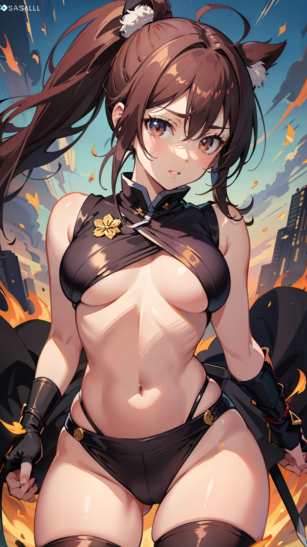 masterpiece, best quality, anime keyvisual, a beautiful kunoichi, highly detailed beautiful face and eyes, brown eyes, brown single ponytail, slender, Small breasts, thighs, wide hips, light smile, parted lips, battoujutsu stance, kunai, looking at viewer,