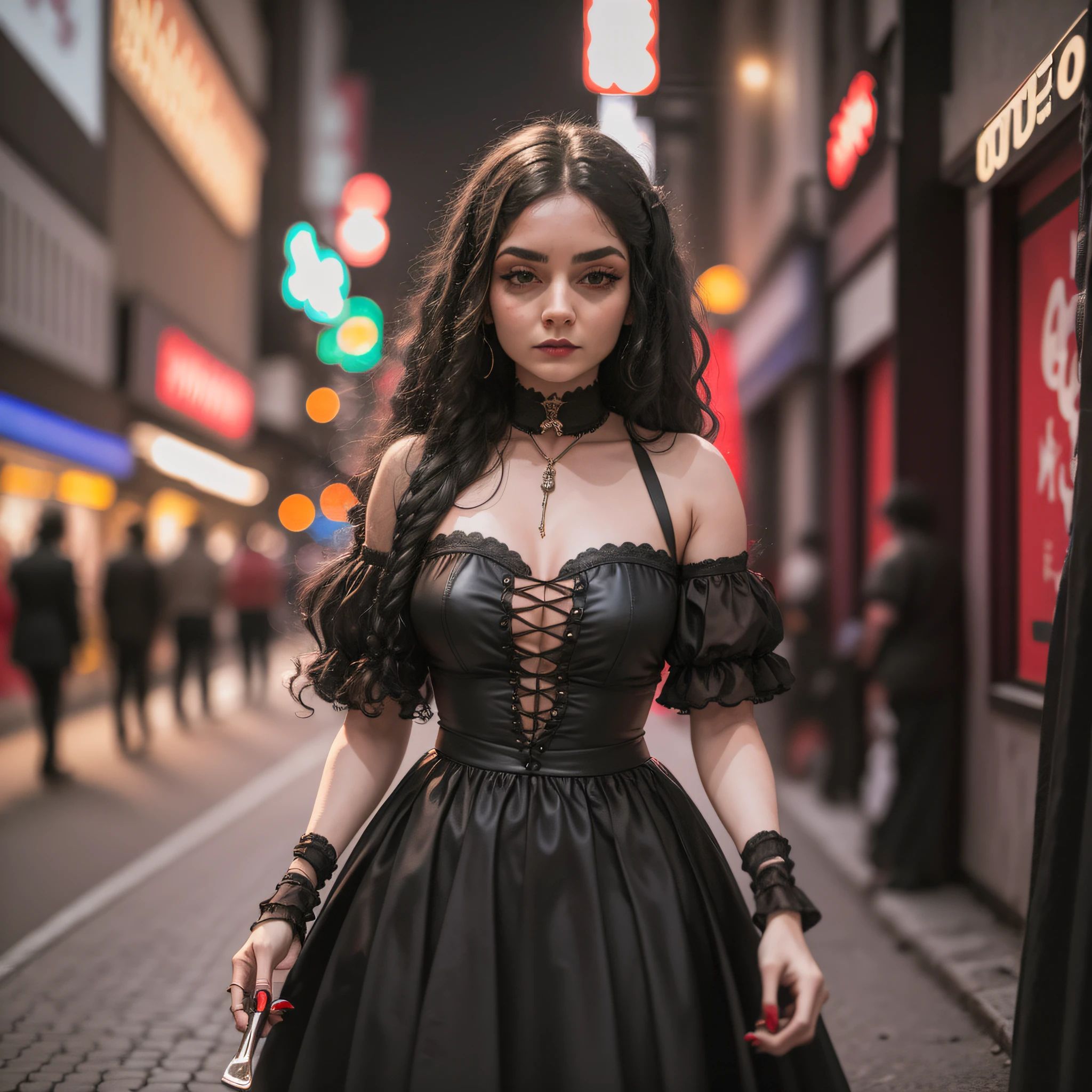 Woman wearing Gothic clothes on a modern street at night, The street is dimly lit and the woman is holding a knife