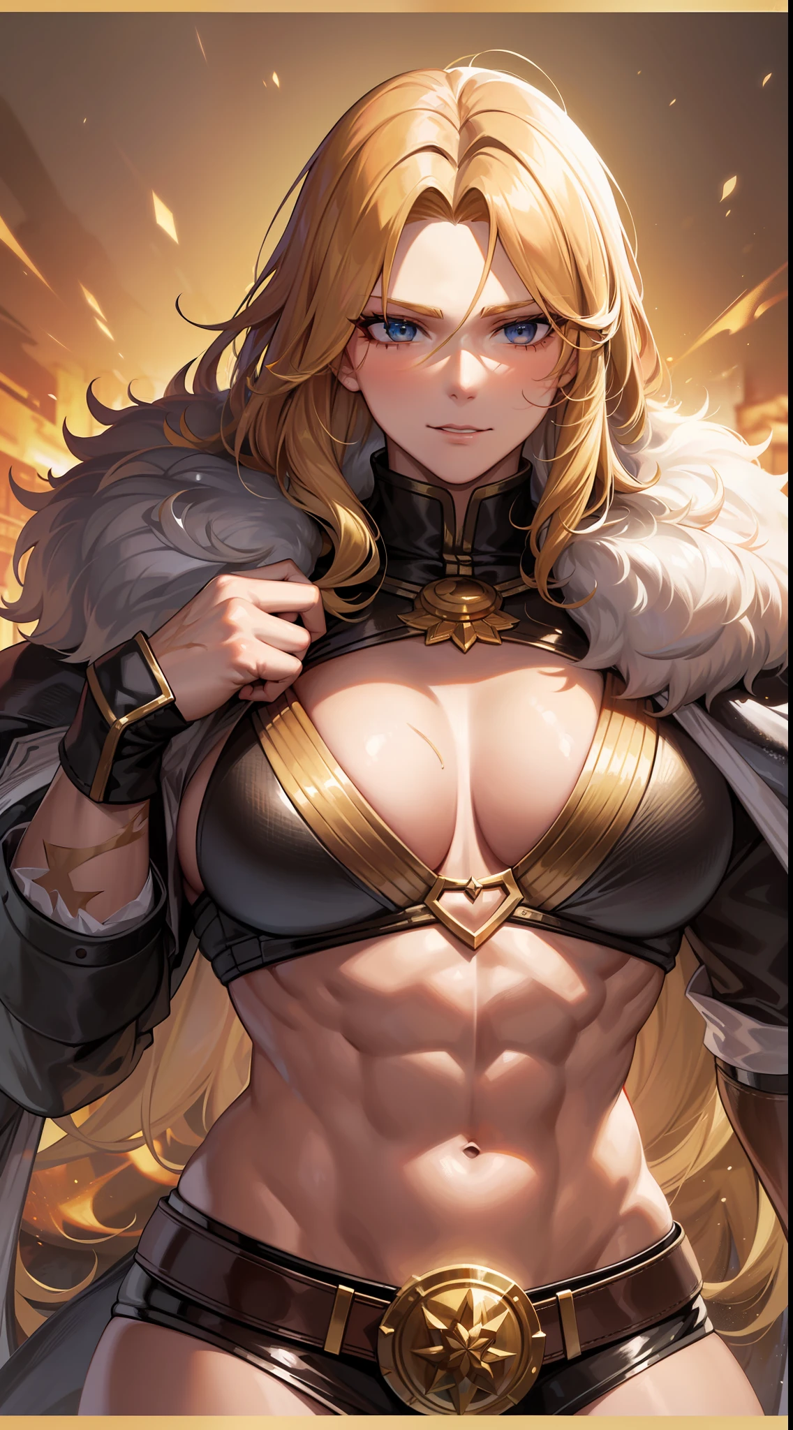 (Golden hair:1.2,Russian elements,Tall, Burly figure,Strengthen muscles,pelt coats,Warriors)(Burly woman，Scar)